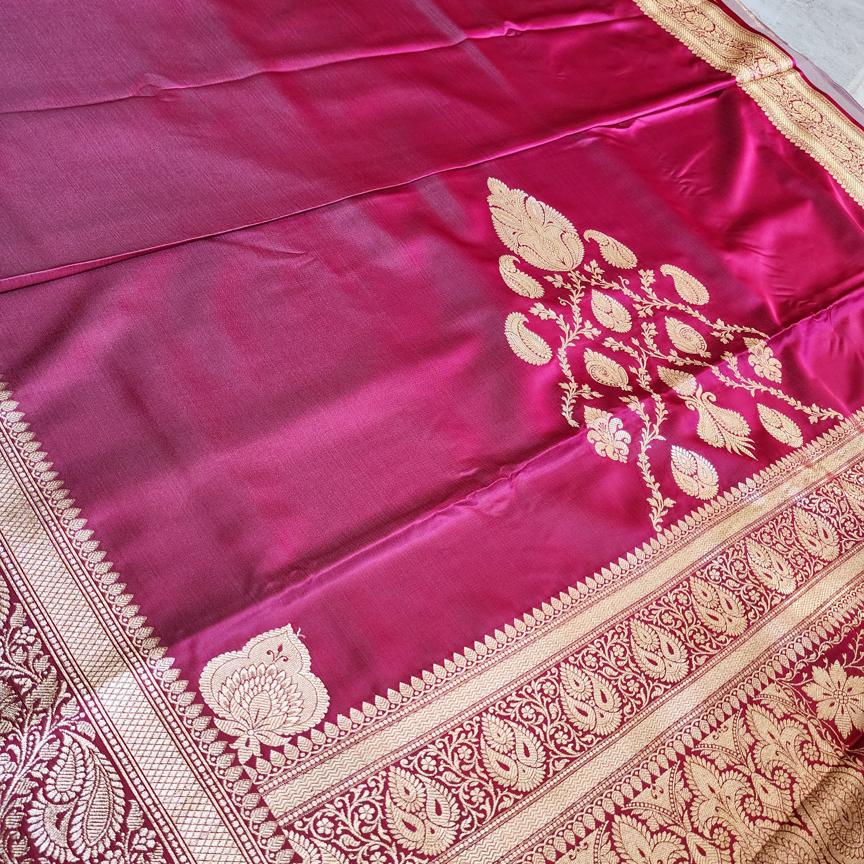 Hot Pink Pure Banarasi Katan Silk Saree with light Gold Zari Weaving