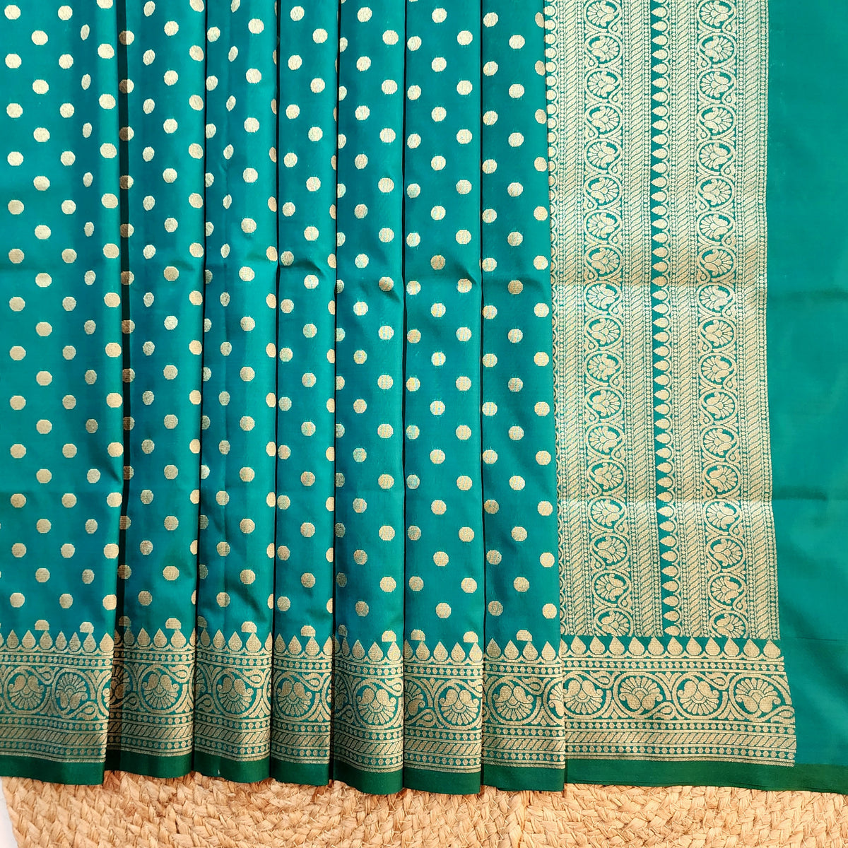 Teal Green Banarasi Silk Dupatta with Gold Polka Dot
