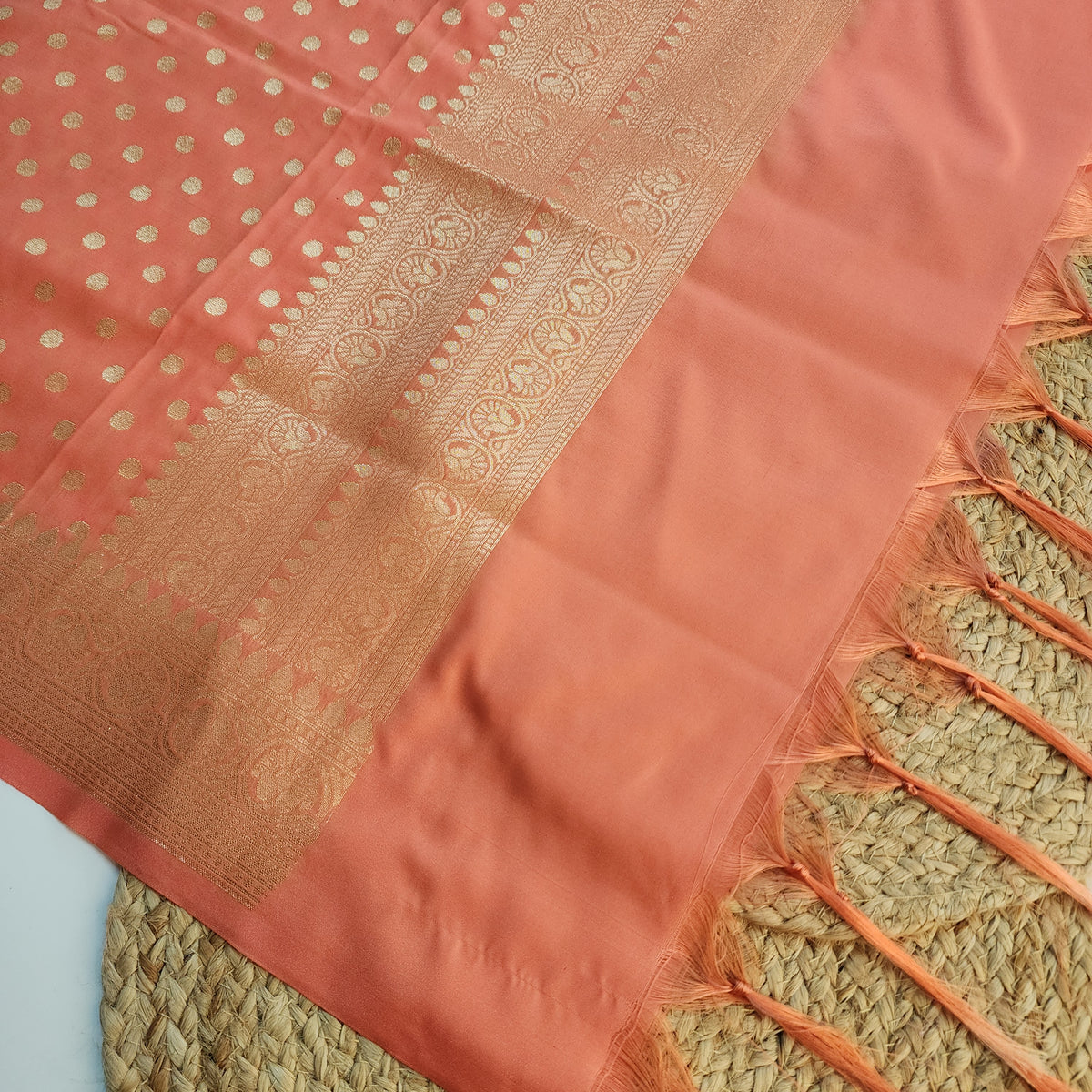 Coral Peach Banarasi Silk Dupatta with Gold Polka Dot
