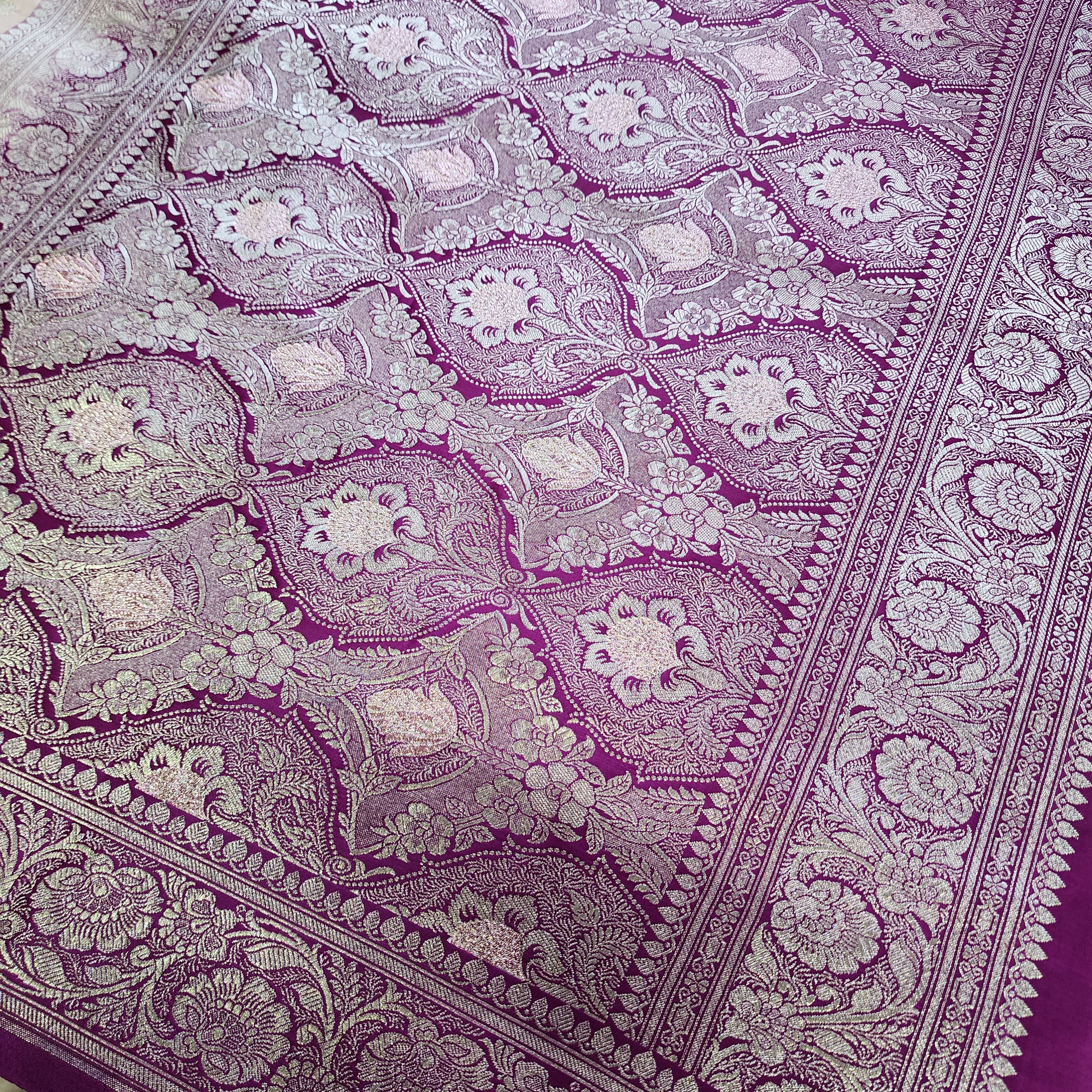 Pastel Pink Pure Banarasi Katan Silk Saree with Magenta Border