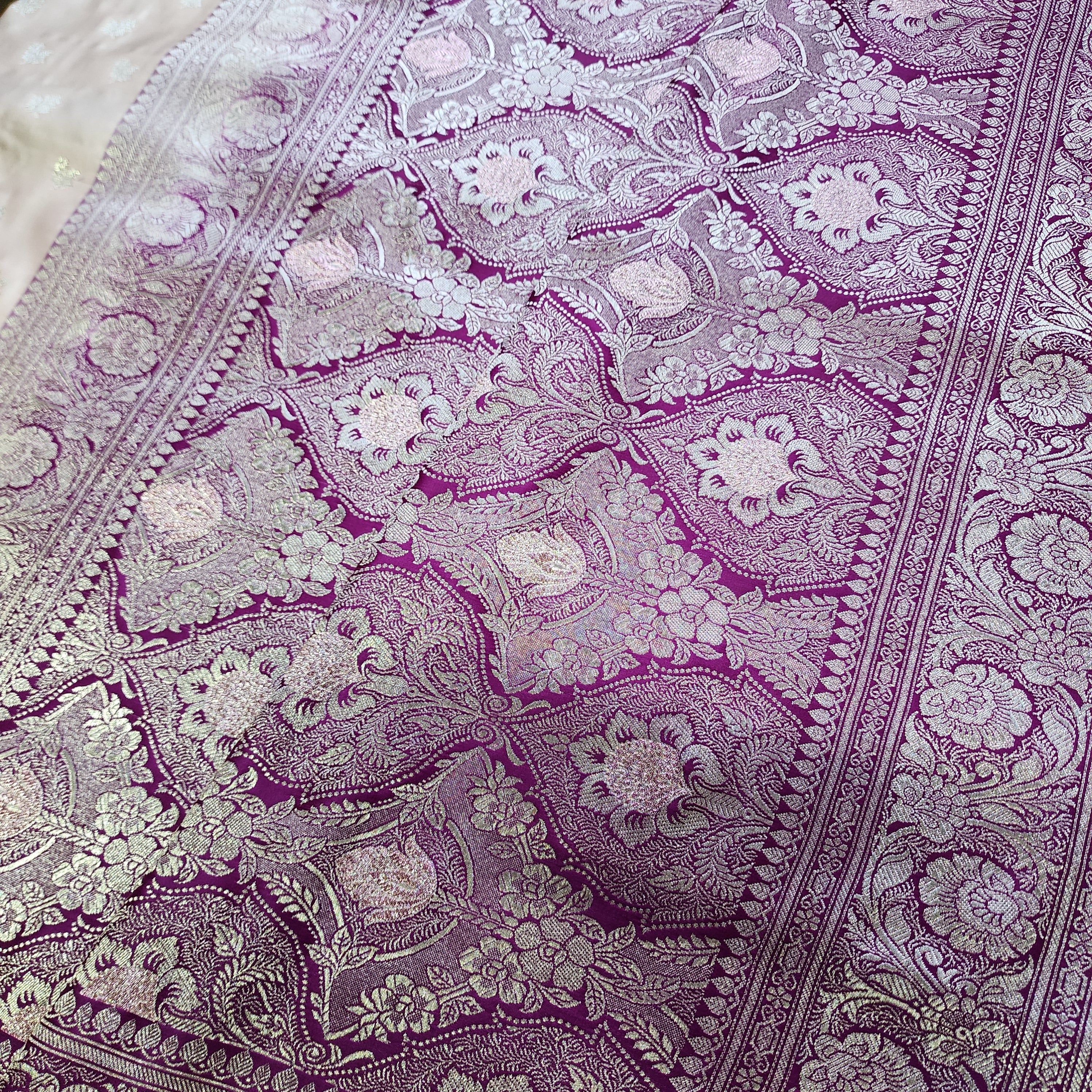 Pastel Pink Pure Banarasi Katan Silk Saree with Magenta Border