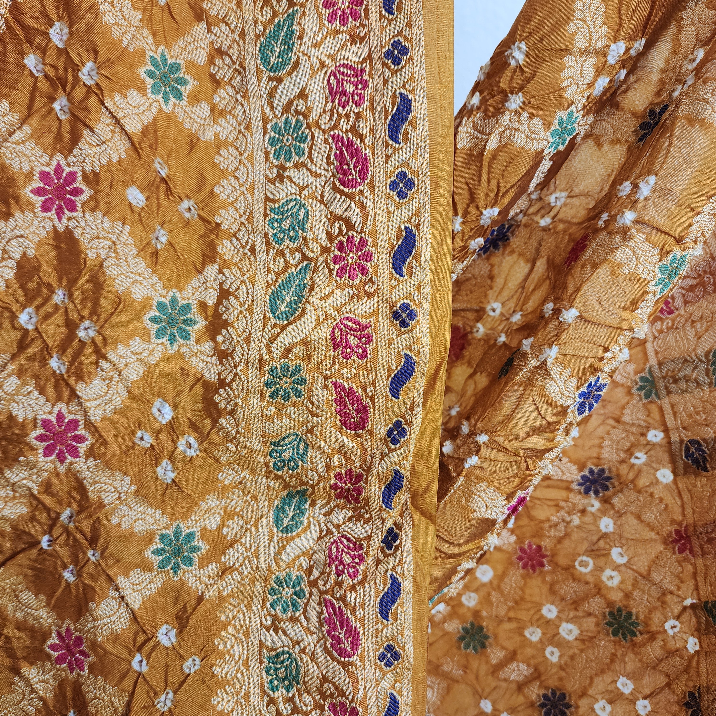Mustard Yellow Bandhni dupatta with Banarasi Meenakari work