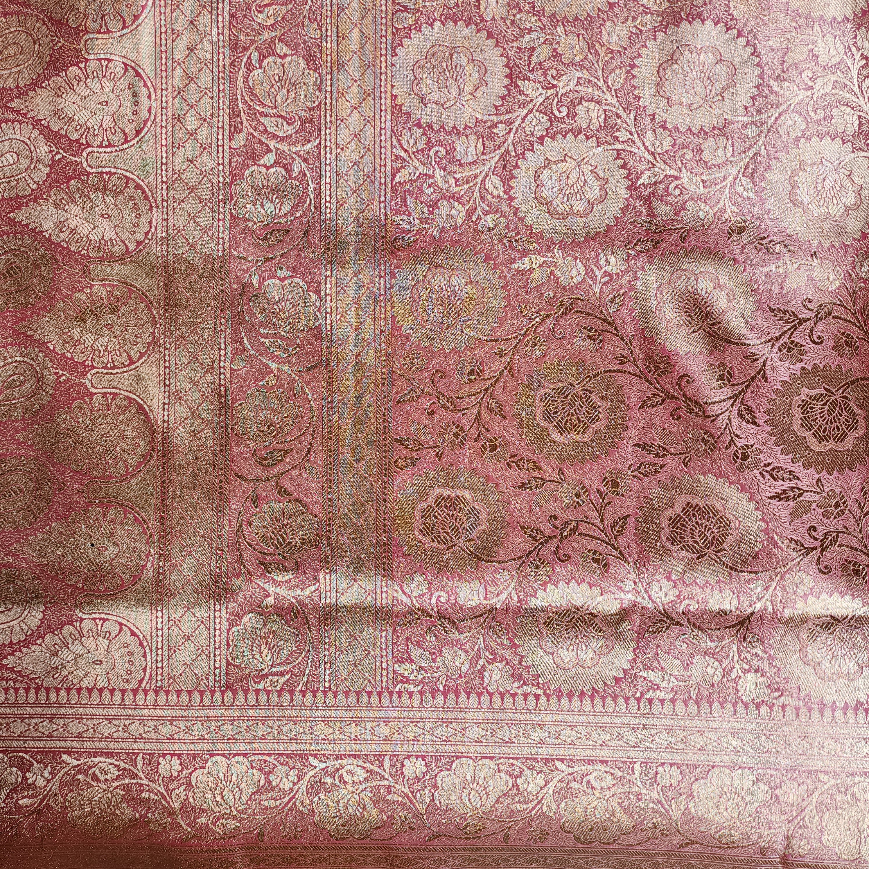 Rich Dusty Rose Banarasi Silk Saree with Gold Zari Weaving