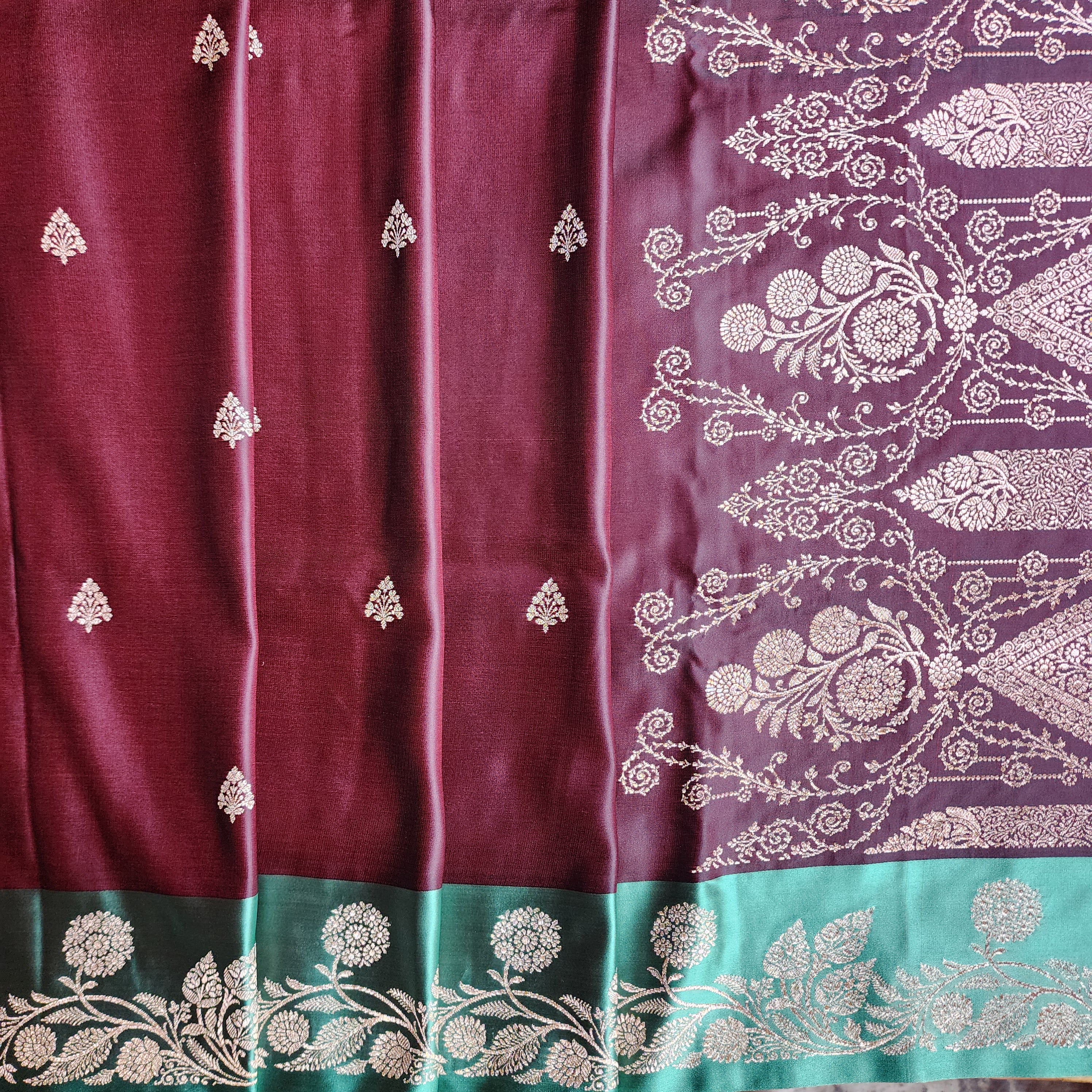 Chocolate Brown Pure Banarasi Katan Silk Saree with Sea Green Border