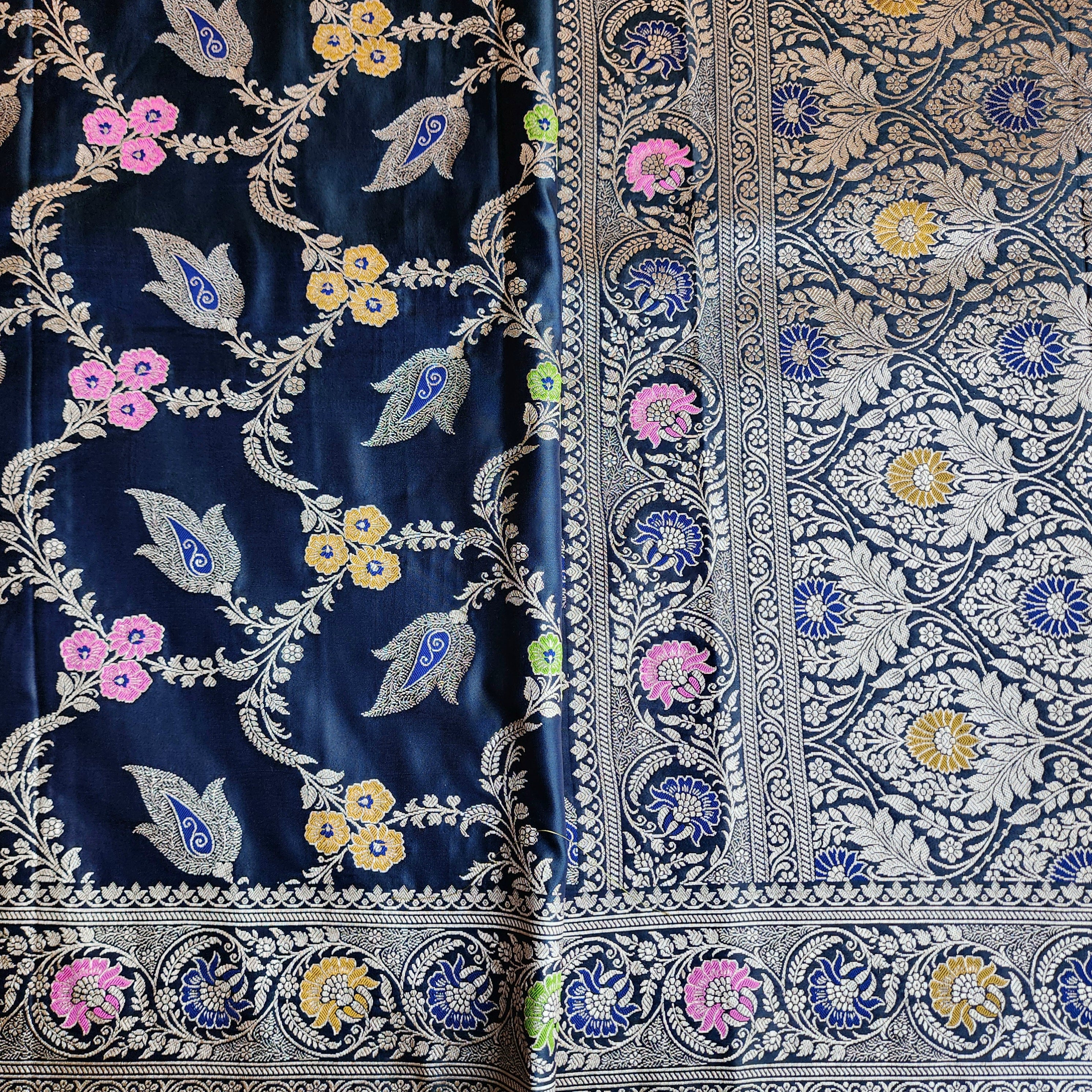 Enriched Midnight Blue Banarasi Katan Silk Saree with Multicolor Meenakari Floral Jaal