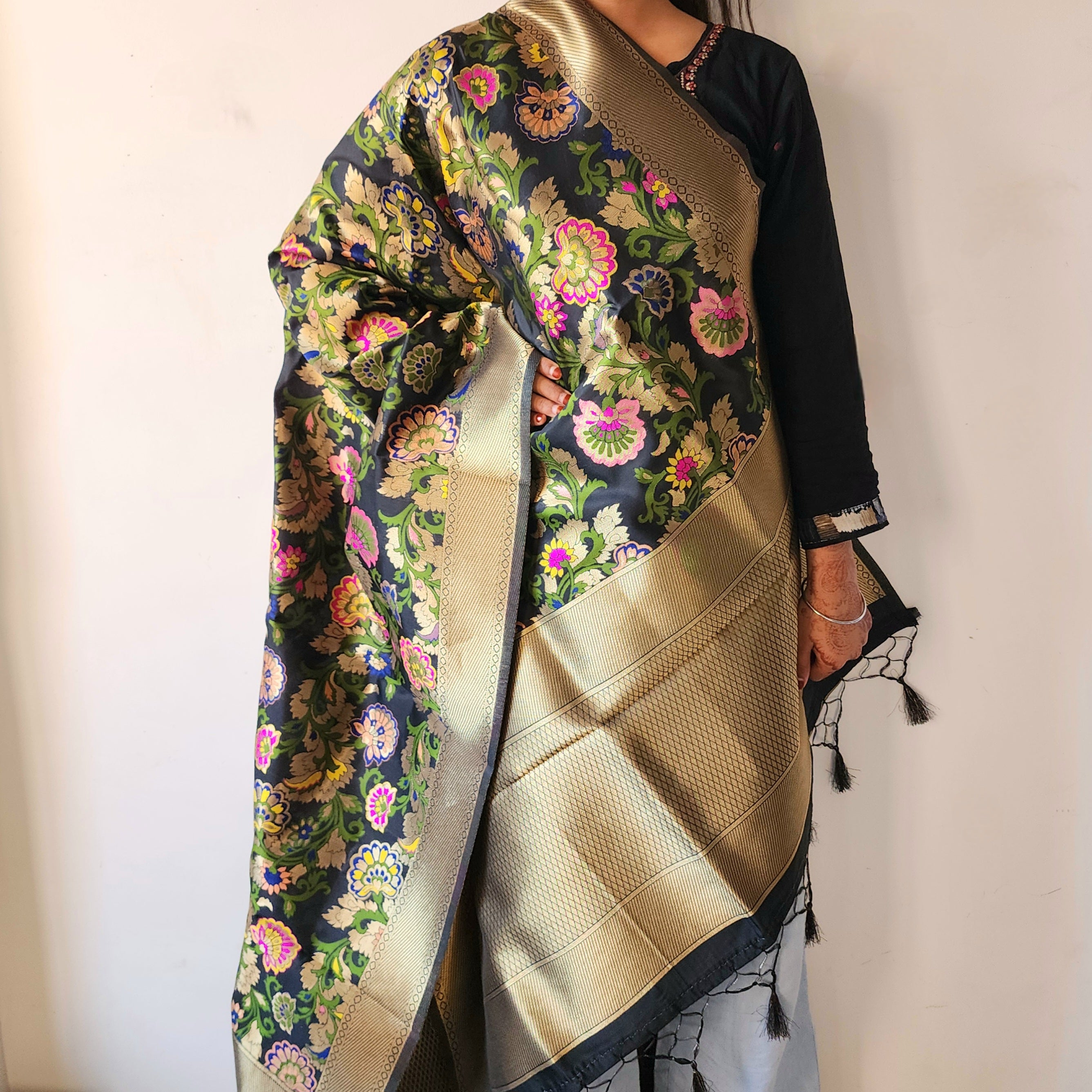 Banarasi Black Dupatta with Multicolor & Gold Floral Handweaving