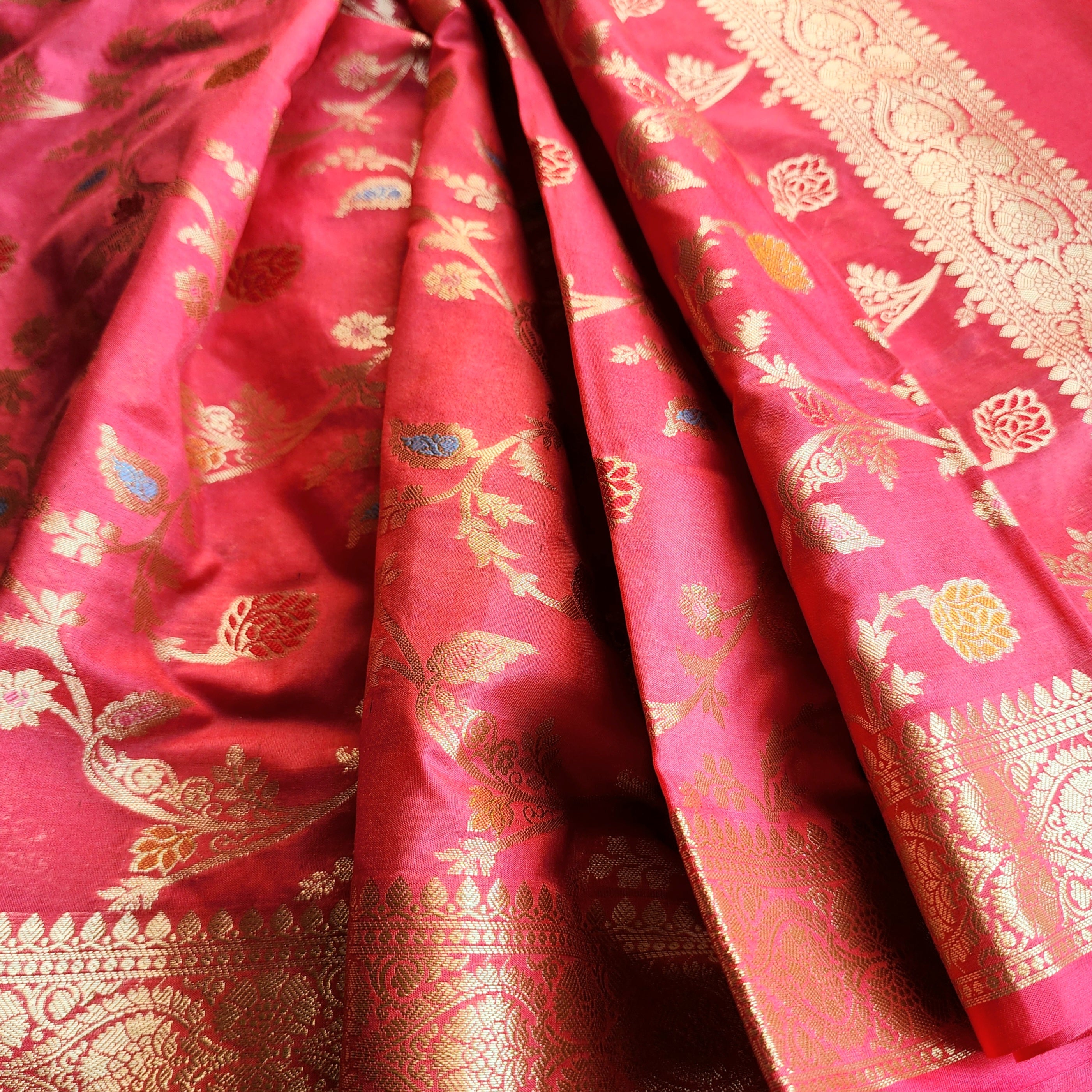Rani Pink Banarasi Silk Dupatta with Gold Zari Border & Multicolor Meenakari Work