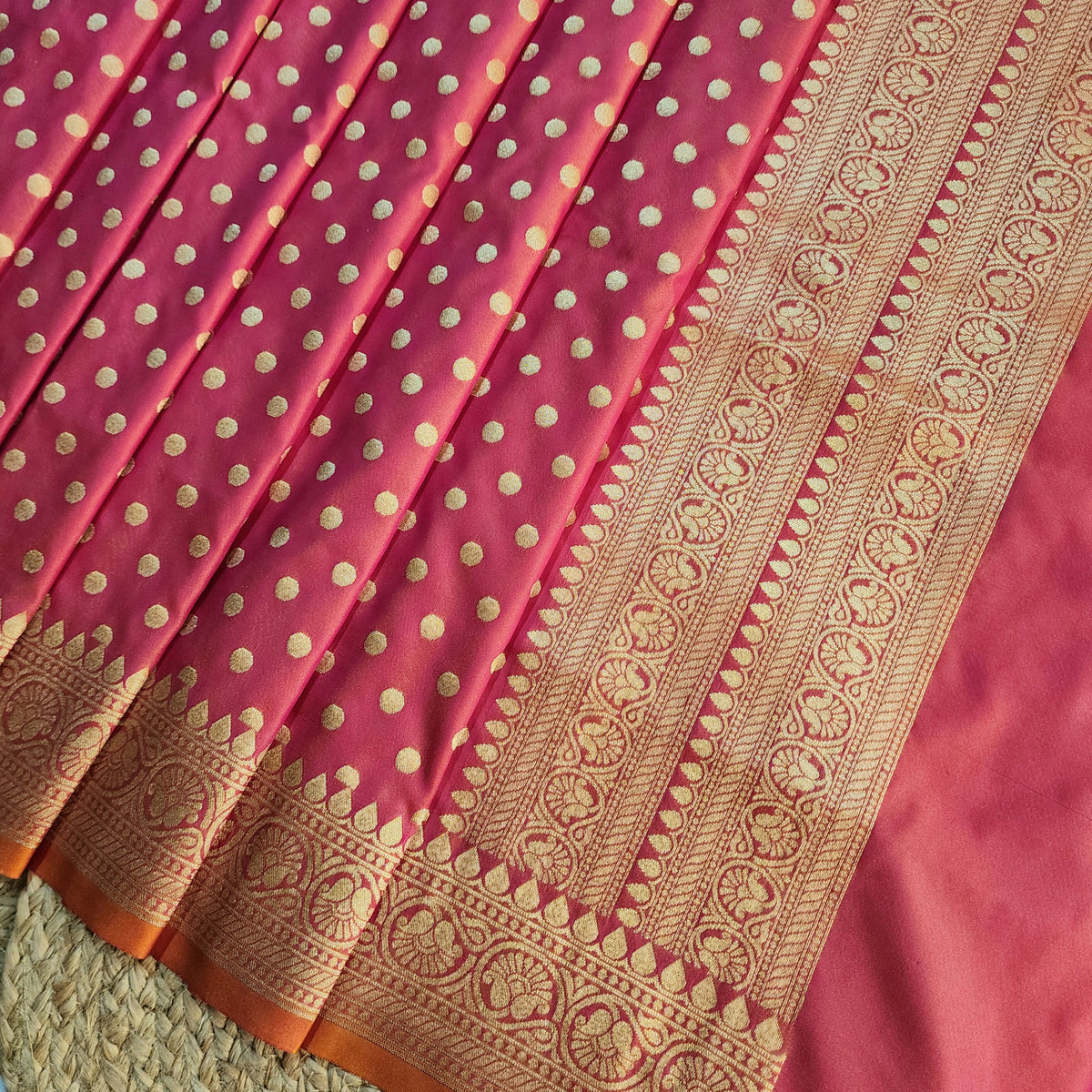 Coral Red Banarasi Silk Dupatta with Gold Polka Dot