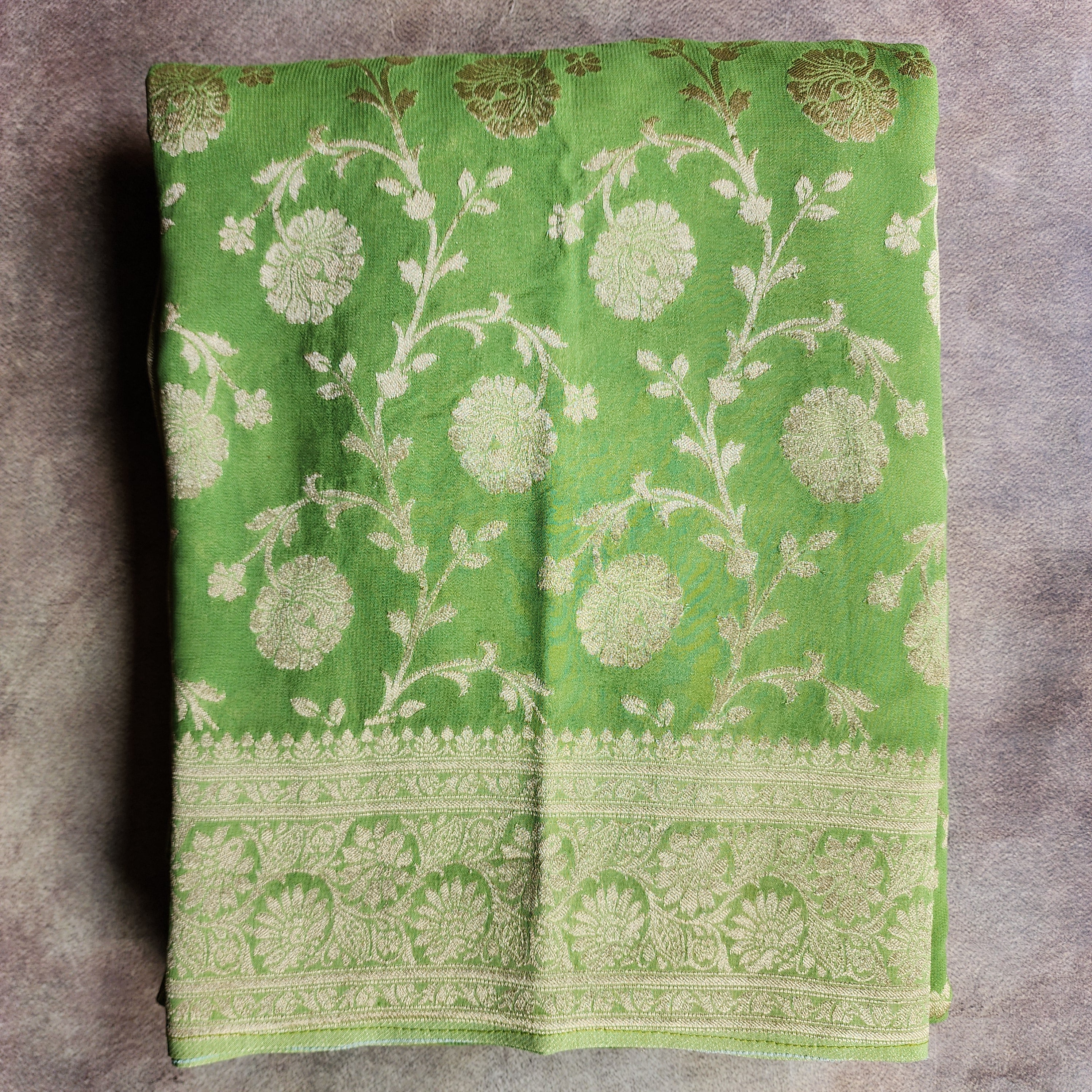 Khaddi Georgette Pure Banarasi Saree in Light Bottle Green