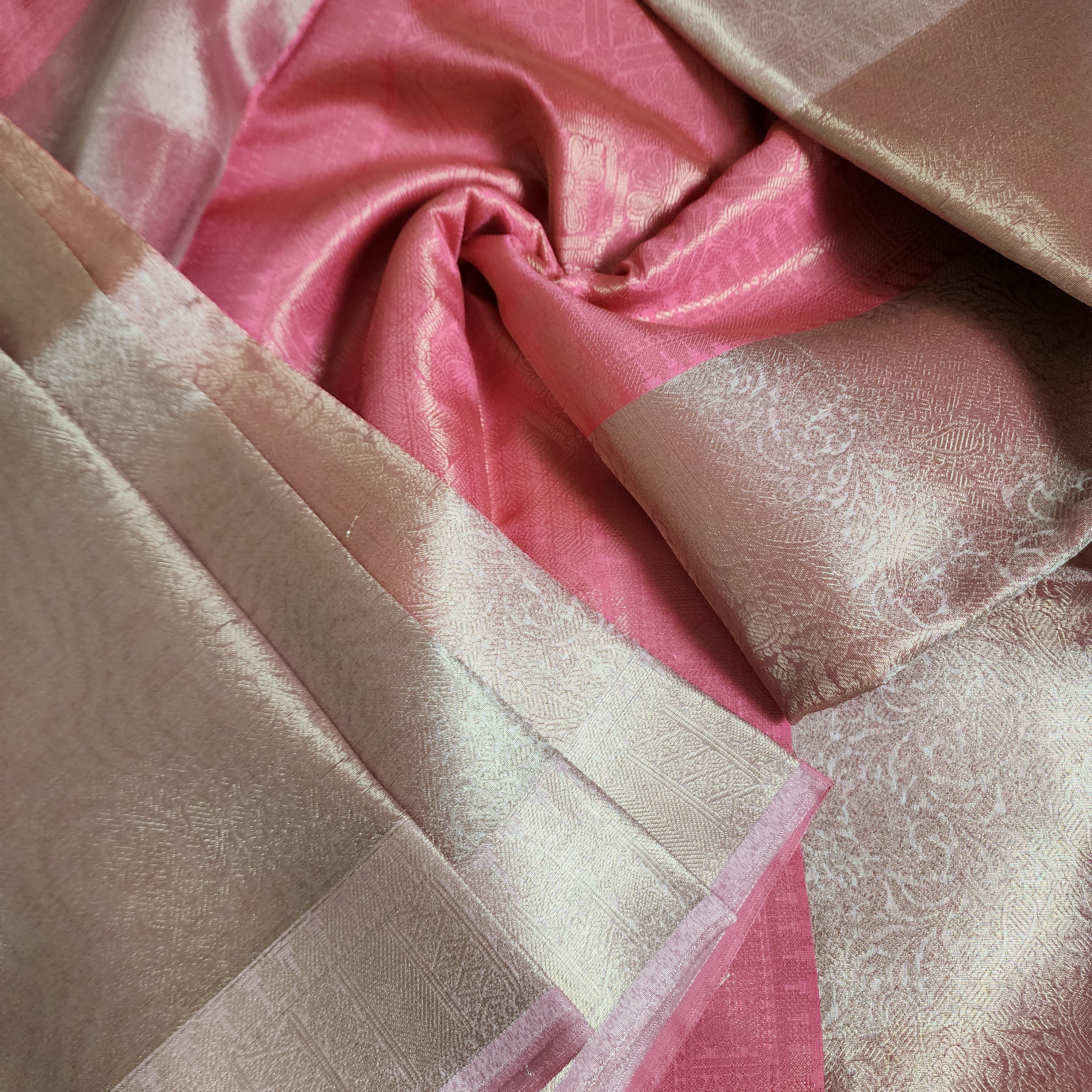 Unique Coral Pink & Beige Kanjivaram style Banarasi Tissue Saree