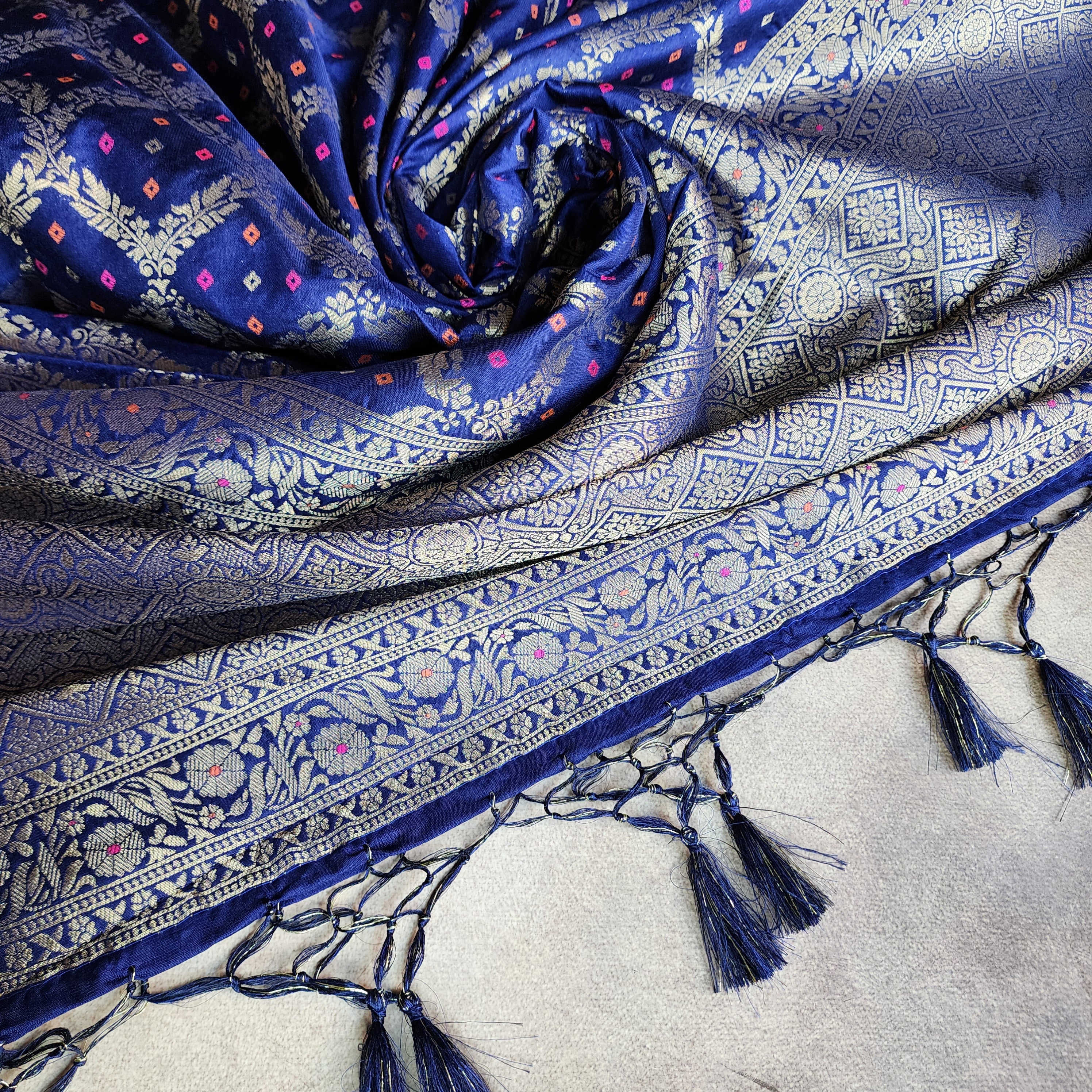 Royal Blue Bandhani Dupatta with Traditional Jaal