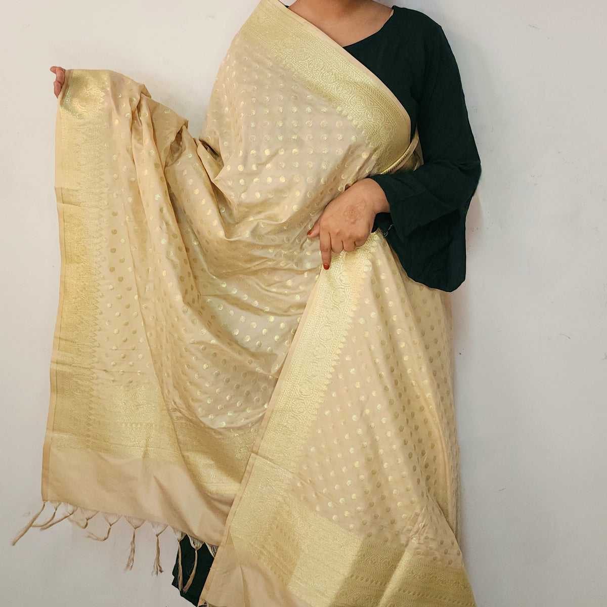 Champagne Beige Banarasi Silk Dupatta with Gold Polka Dot