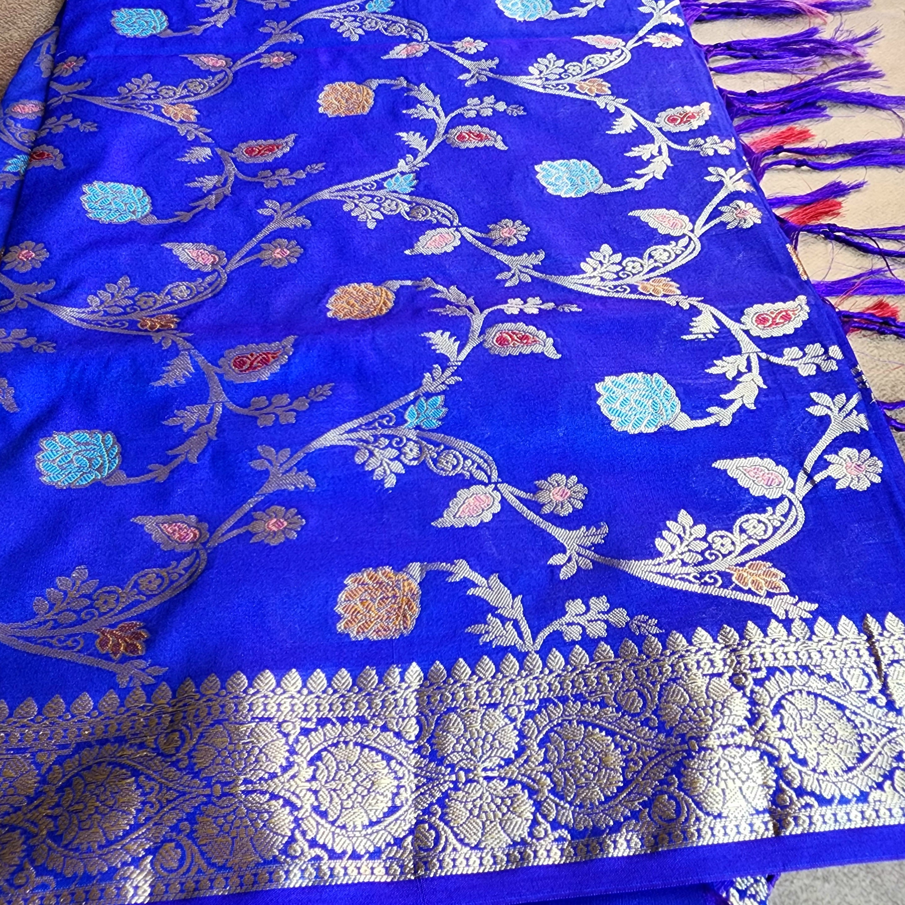 Royal Blue Banarasi Silk Dupatta with Gold Zari Border & Multicolor Meenakari Work