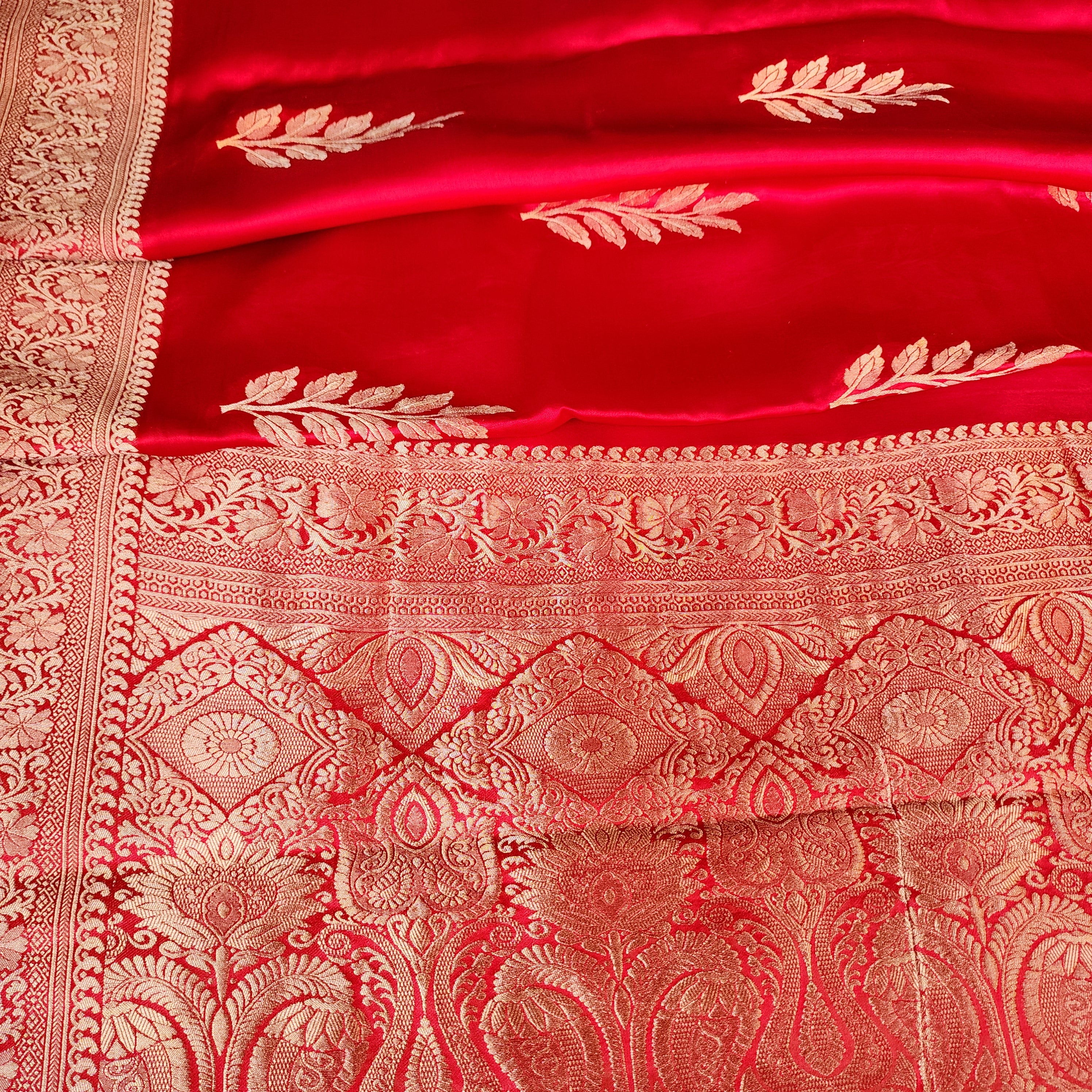 Bright Red Mashru Katan Silk Saree with Gold Weave