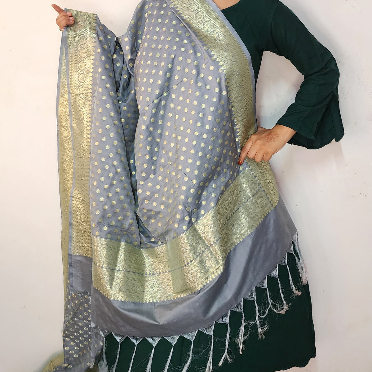 Slate Blue Banarasi Silk Dupatta with Gold Polka Dot