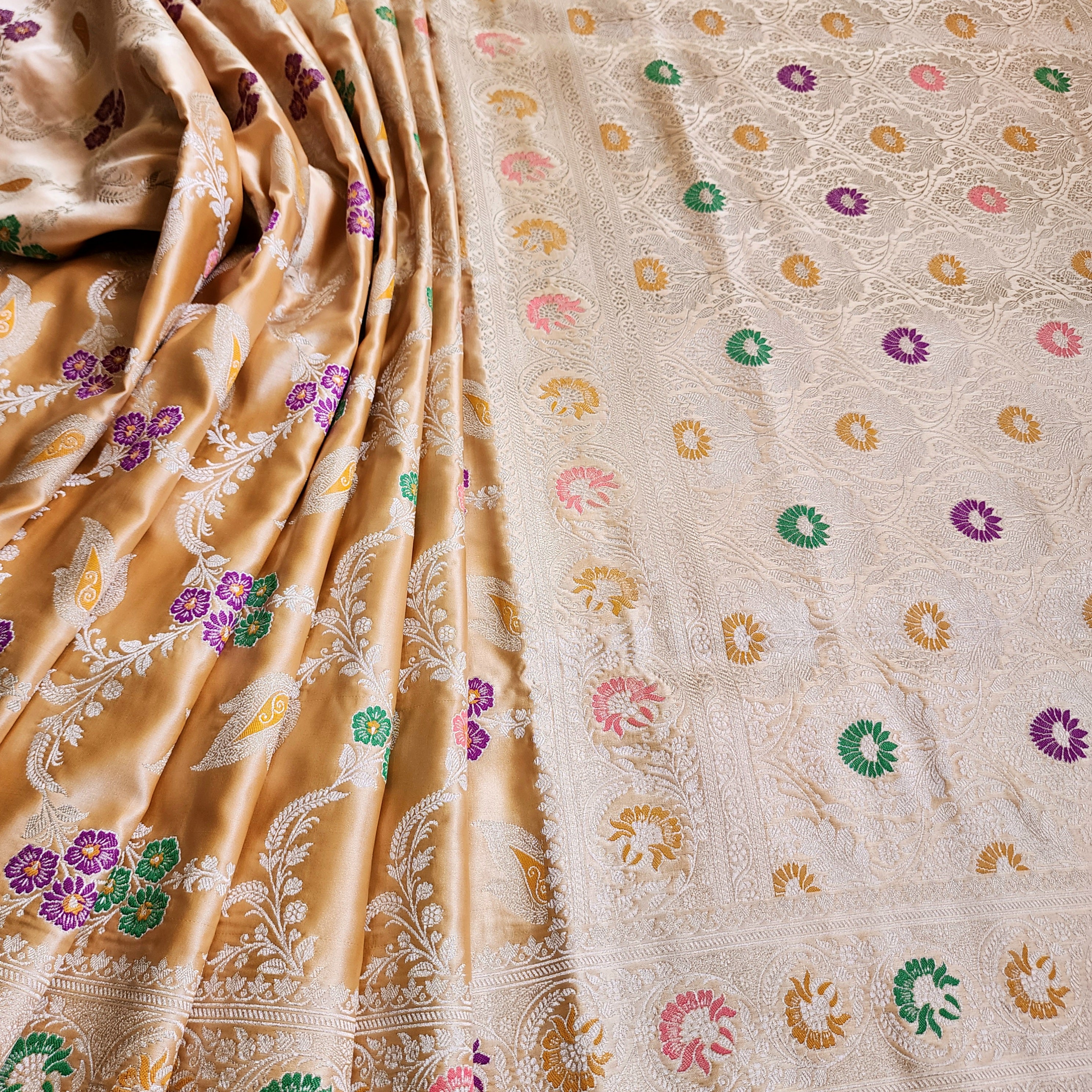 Enriched Dark Orange Banarasi Katan Silk Saree with Multicolor Meenakari Floral Jaal