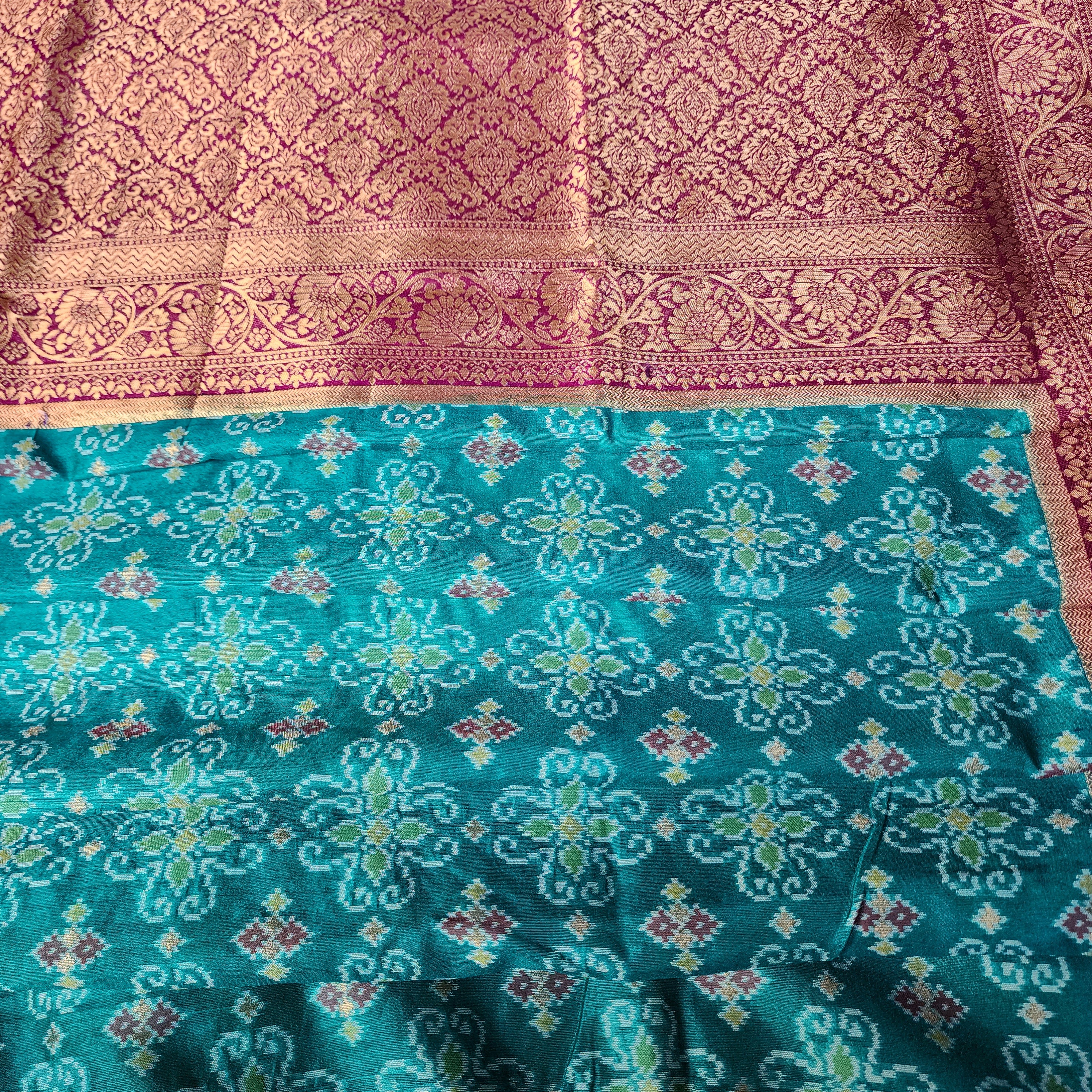 Turquoise Dupion Patola with Maroon-Gold Border & Heavy Gold Zari