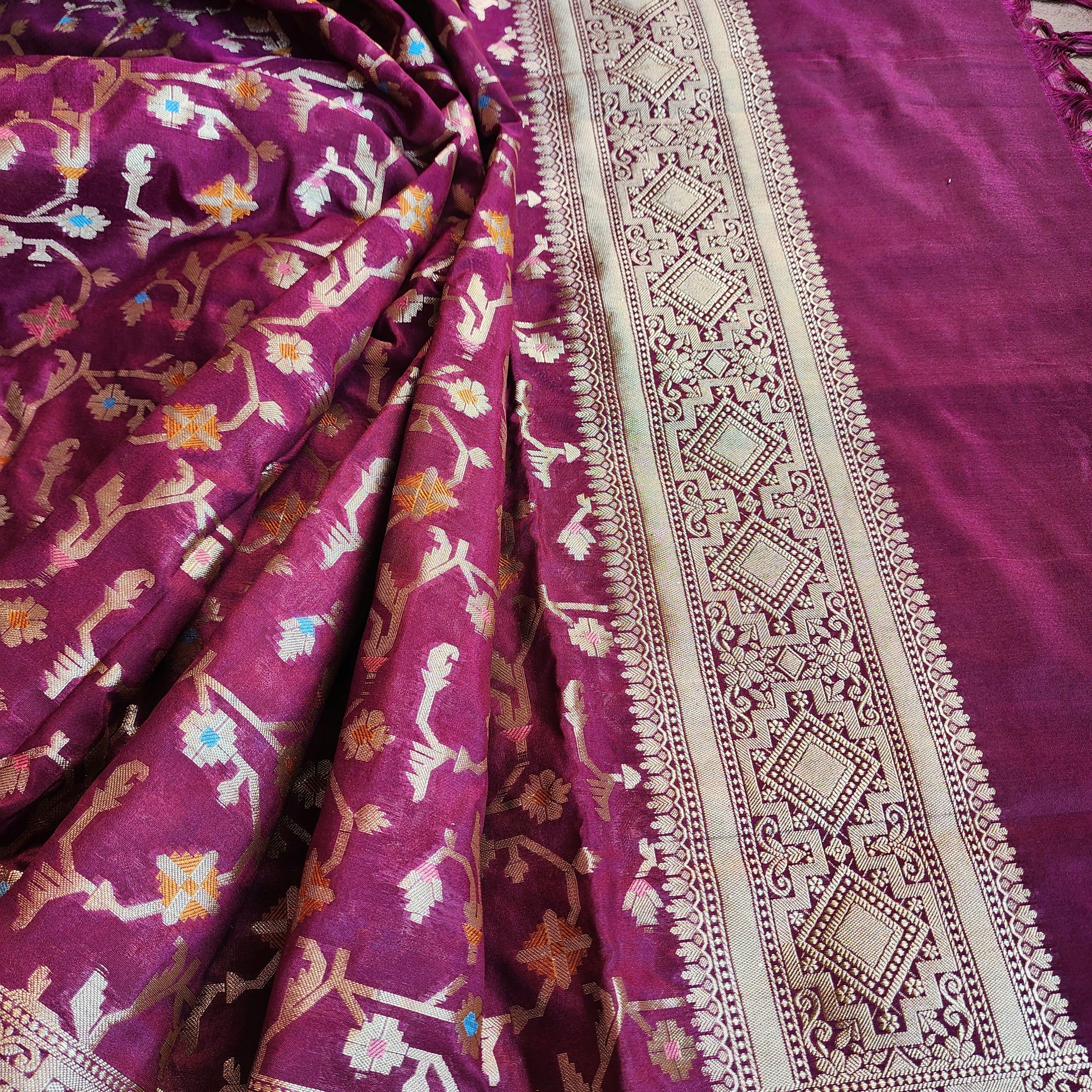 Golden Grid Banarasi Silk Dupatta with Meenakari Work in Deep Purple