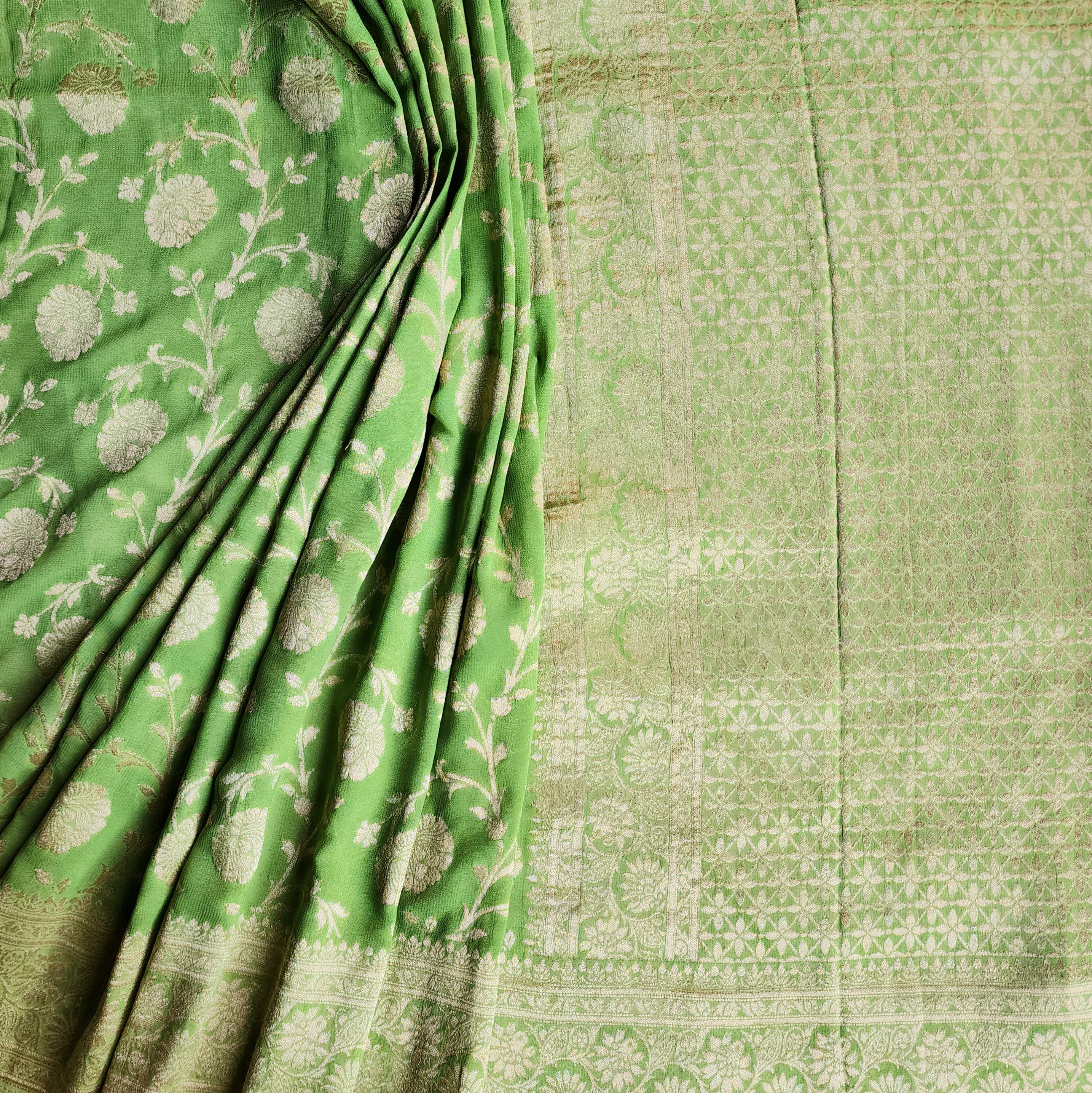 Khaddi Georgette Pure Banarasi Saree in Light Bottle Green