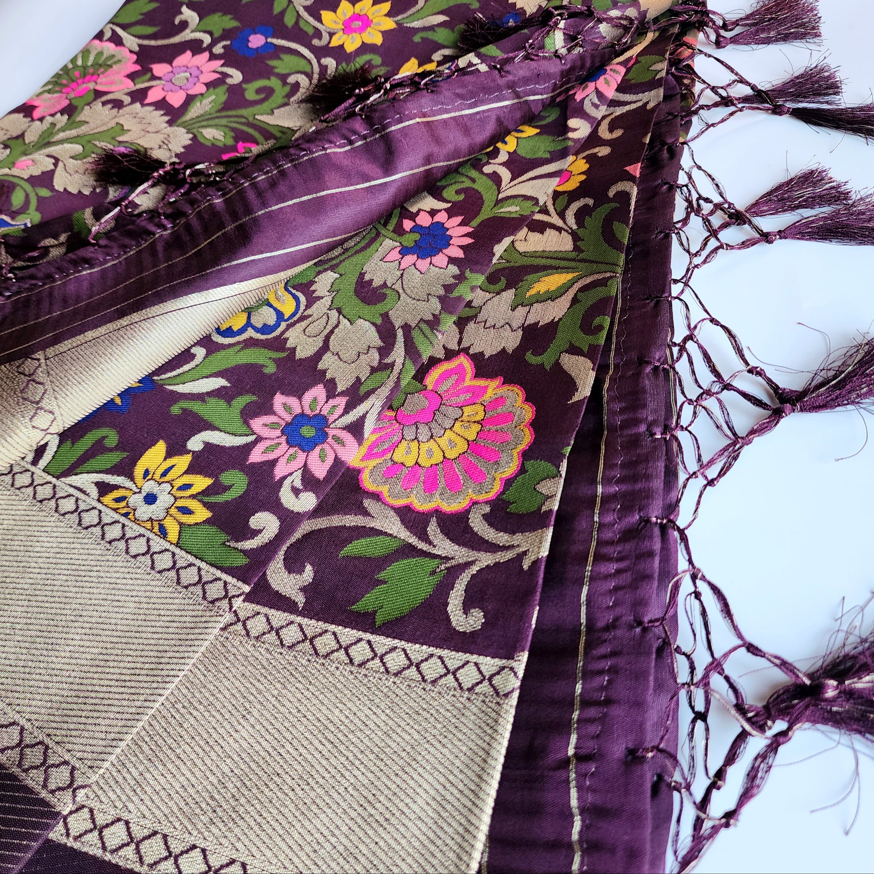 Banarasi Silk Dark Wine Dupatta with Multicolor & Gold Floral Handweaving