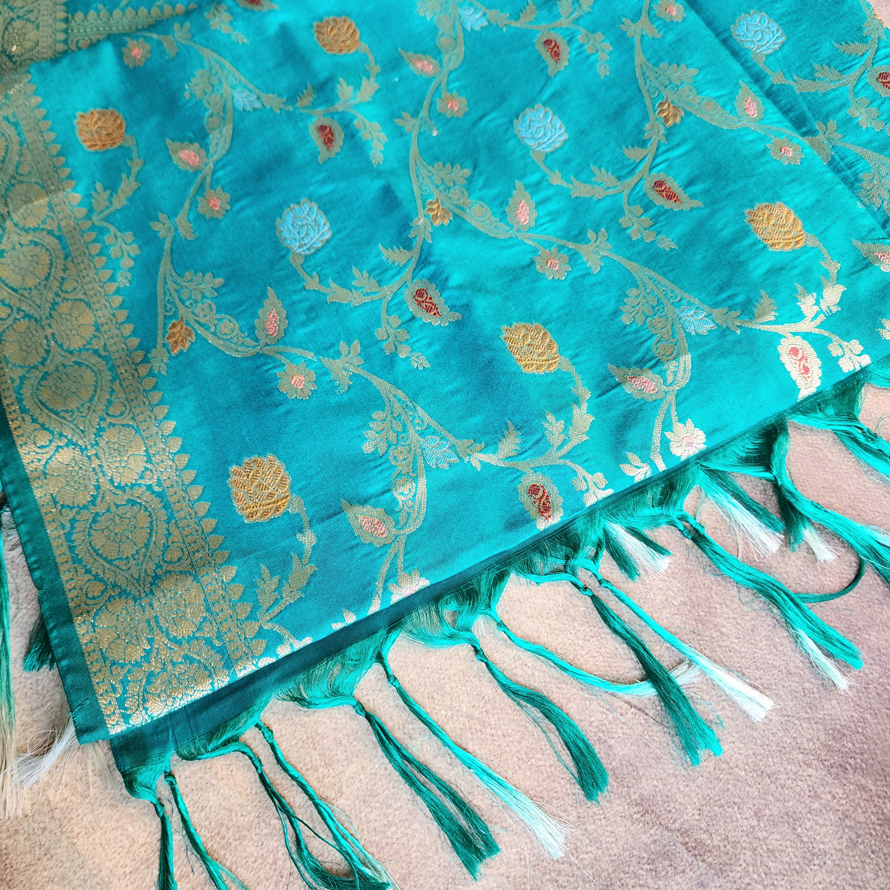 Teal Green Banarasi Silk Dupatta with Gold Zari Border & Multicolor Meenakari Work