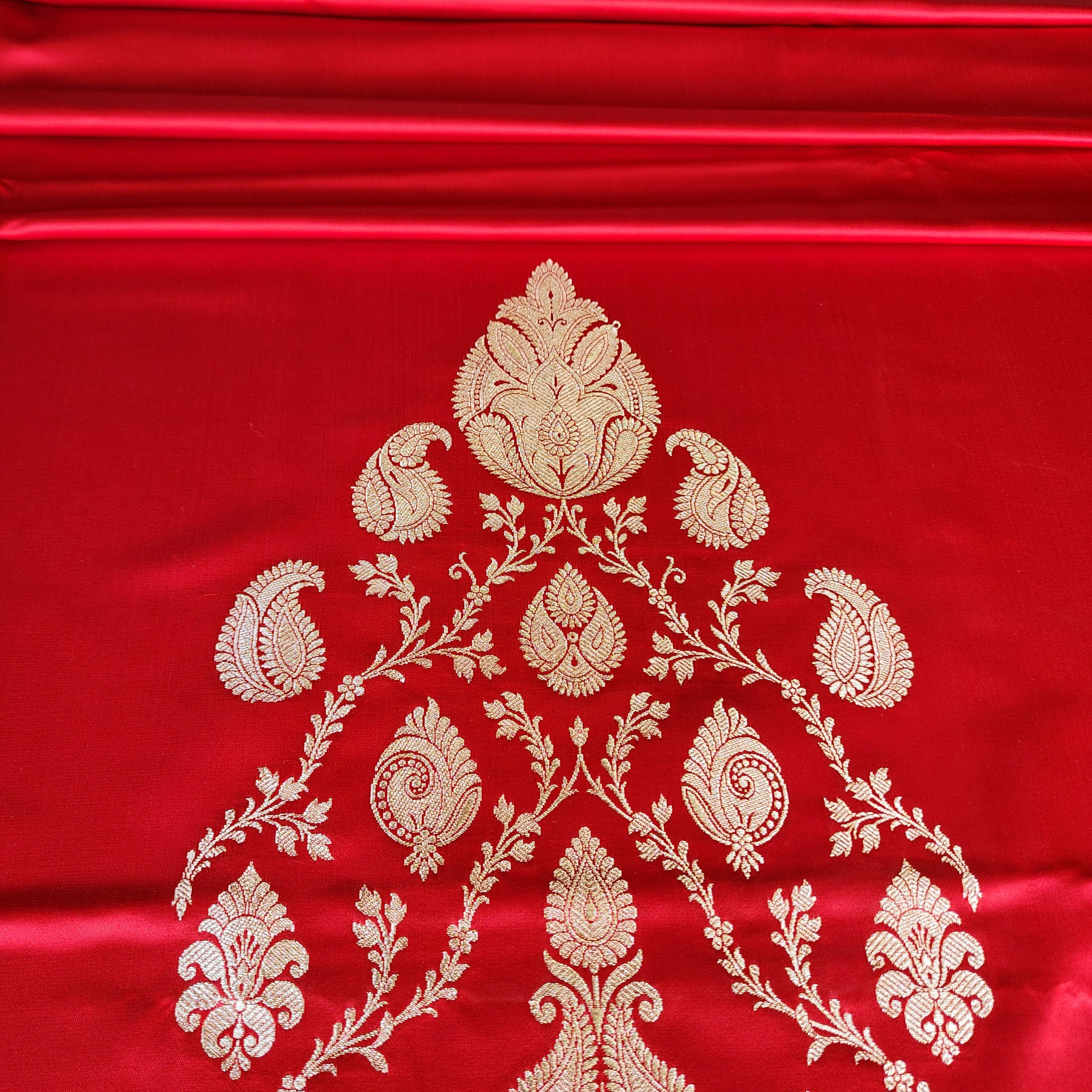 Rich Ruby Red Pure Banarasi Katan Silk Saree with light Gold Zari Weaving