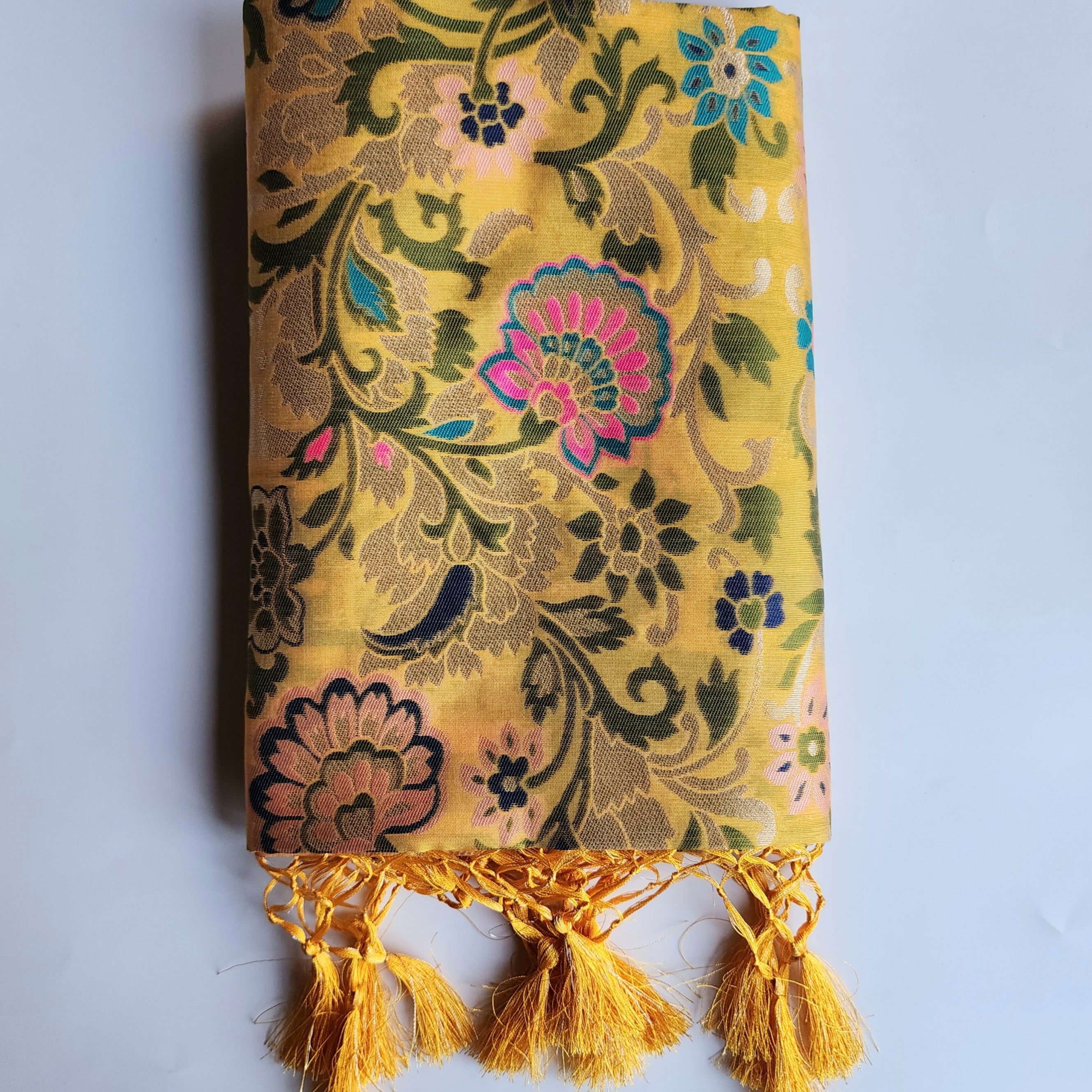 Banarasi Silk Sunshine Yellow Dupatta with Multicolor & Gold Floral Handweaving