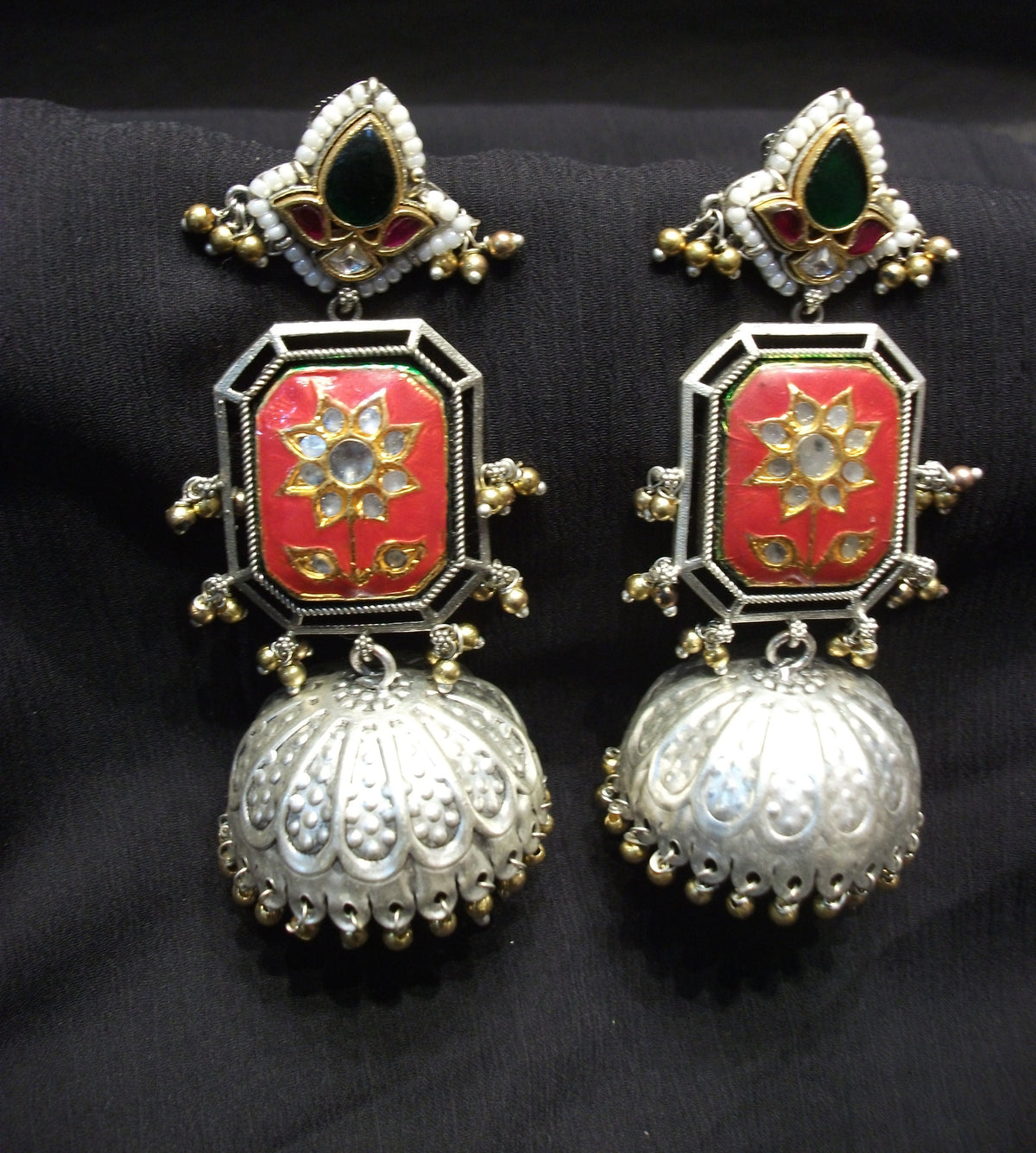 Antique Rectangular Red Enamel & Kundan Flower Earrings