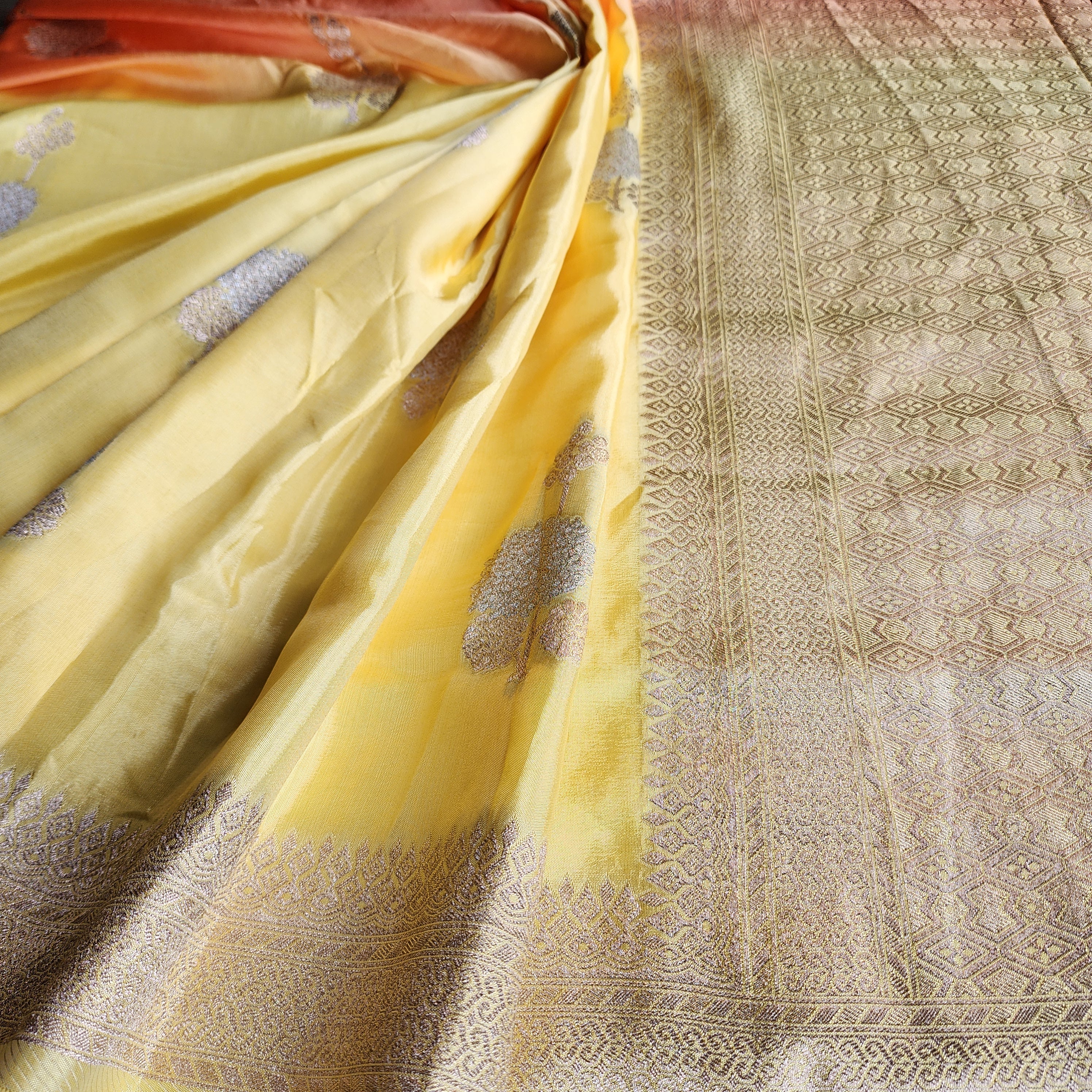 Sunrise Yellow Dupion Silk Saree with Orange Hues