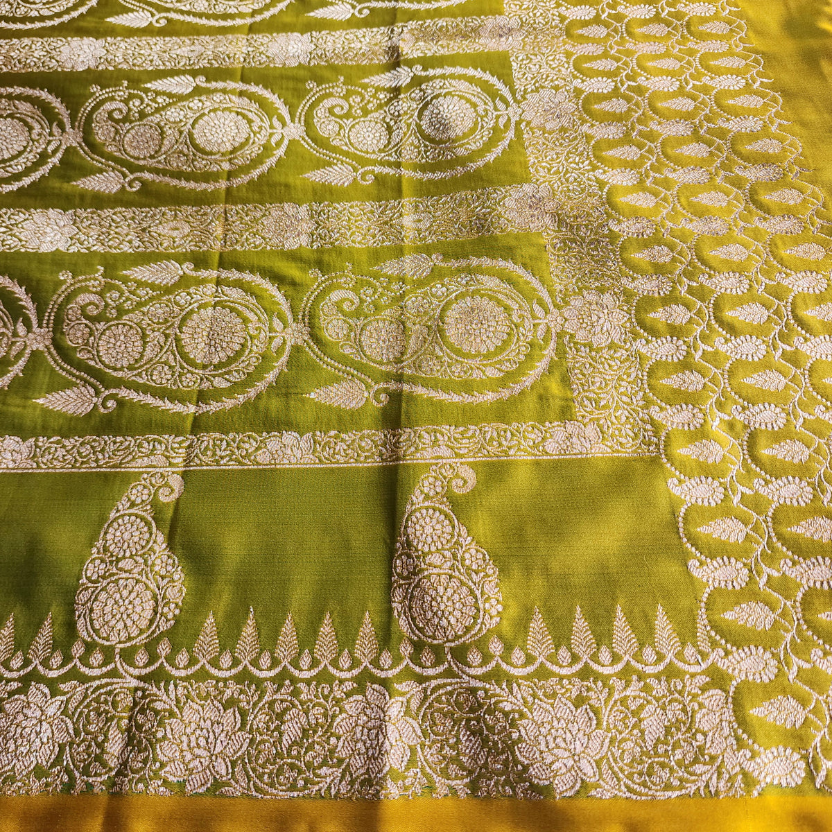 Lime Green Paisley Katan Silk Saree with Gold Zari