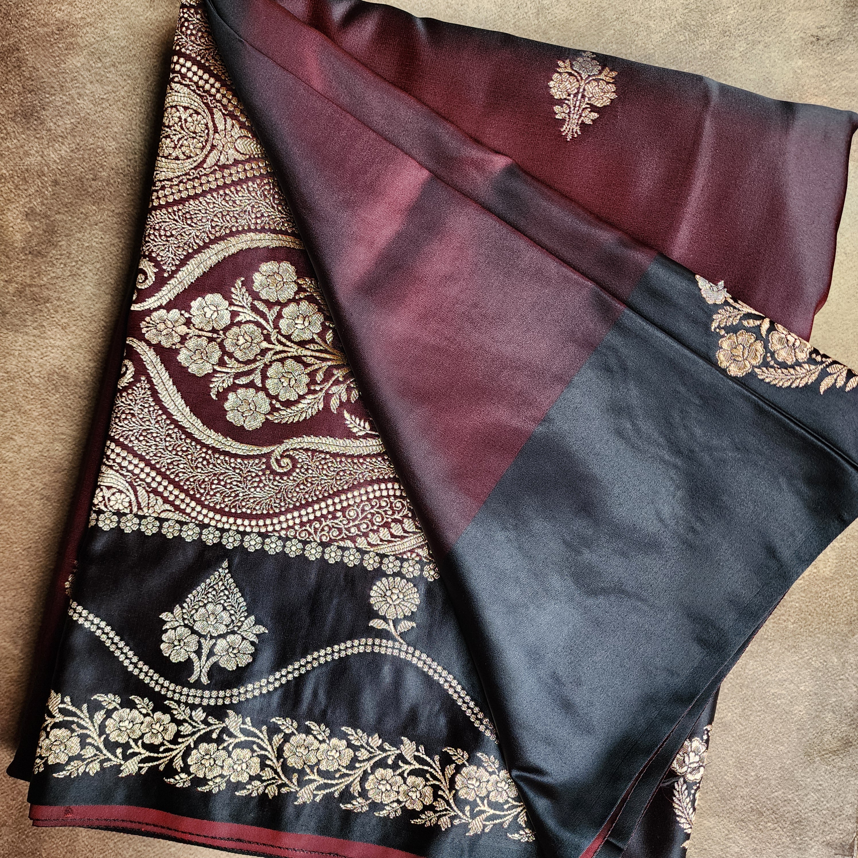 Dual-Tone Maroon Pure Banarasi Katan Silk Saree