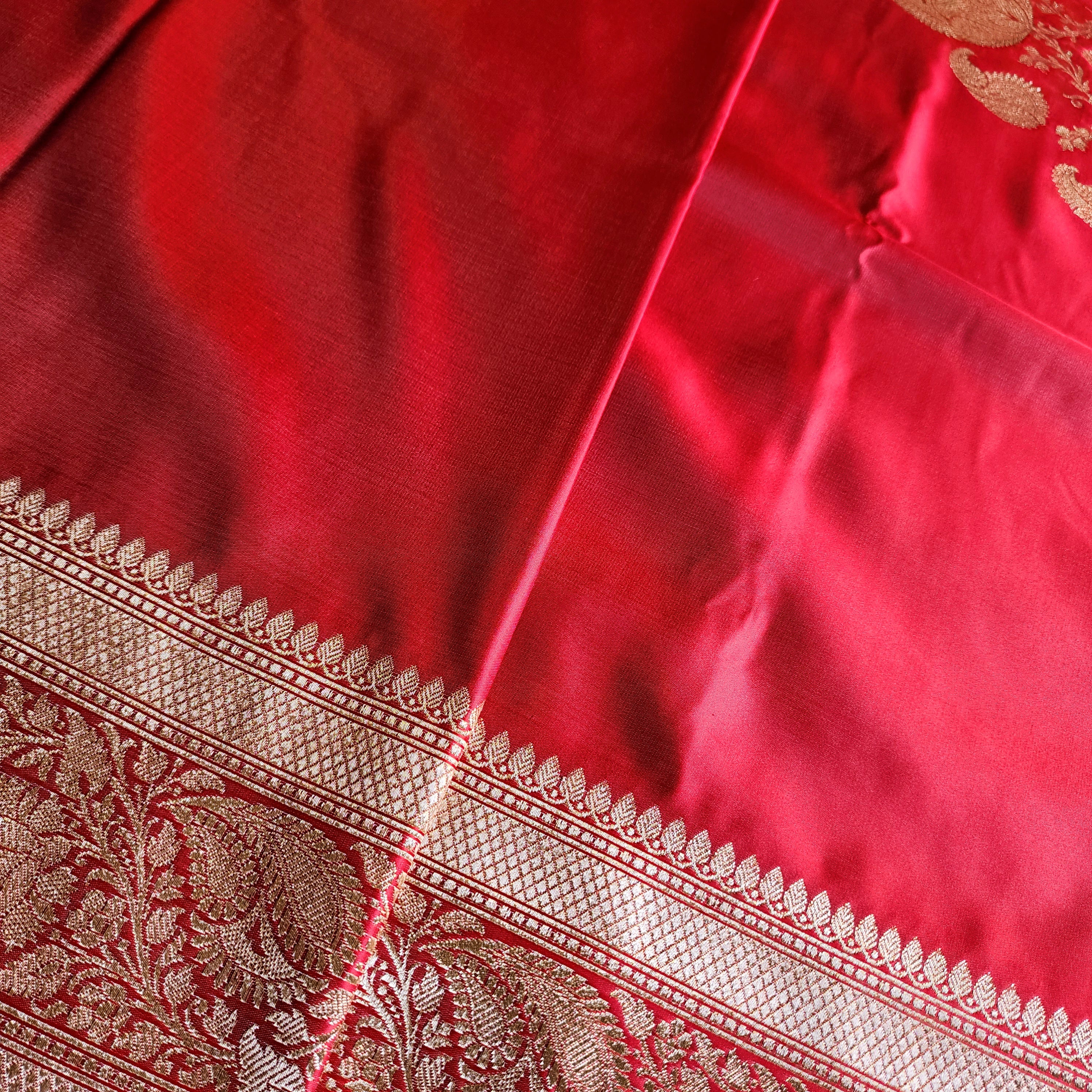 Rich Rose Pink Pure Banarasi Katan Silk Saree with light Gold Zari Weaving