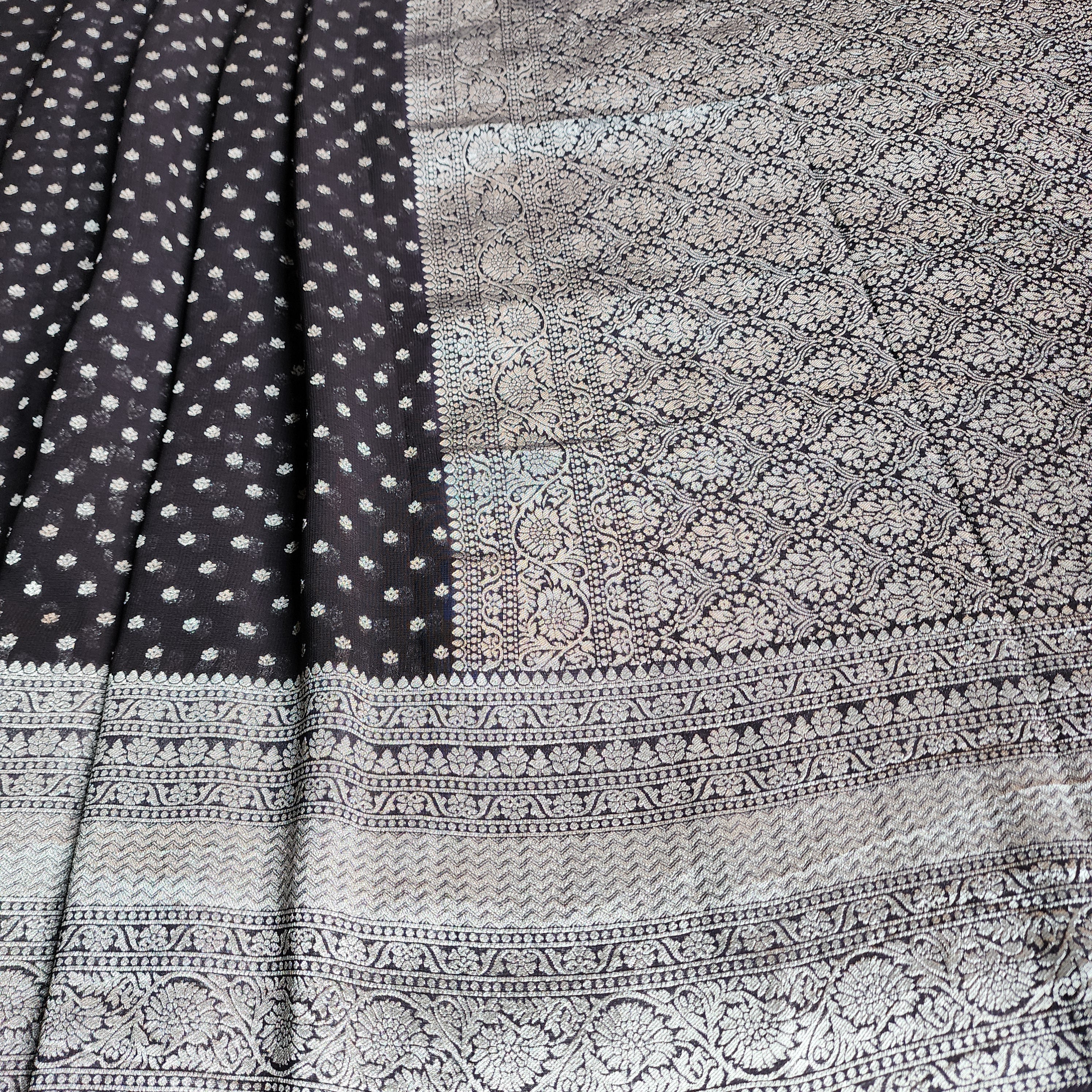 Iconic Black Khaddi Georgette Pure Banarasi Saree with Intricate Silver Zari