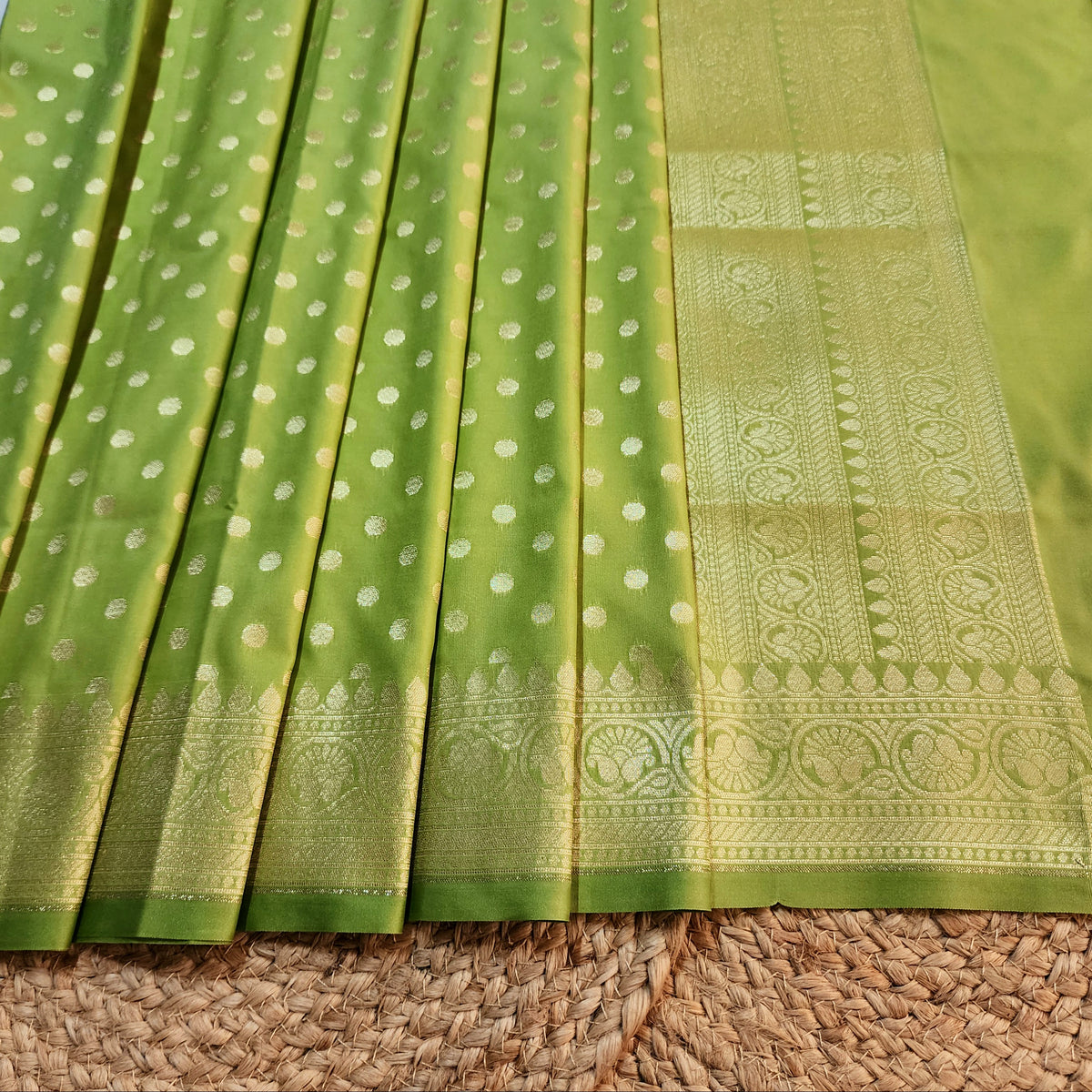 Lime Green Banarasi Silk Dupatta with Gold Polka Dot