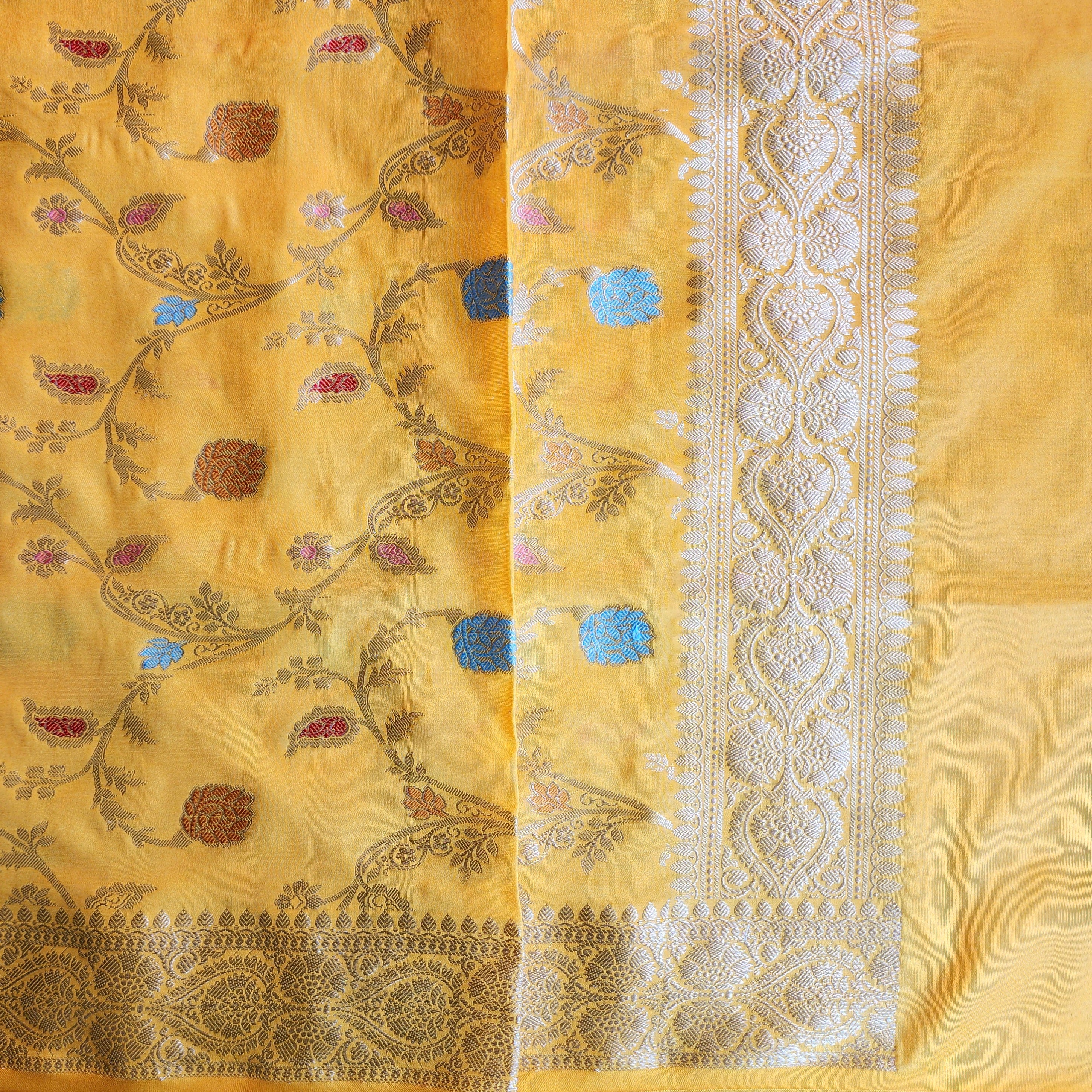 Mustard Yellow Banarasi Silk Dupatta with Gold Zari Border & Multicolor Meenakari Work