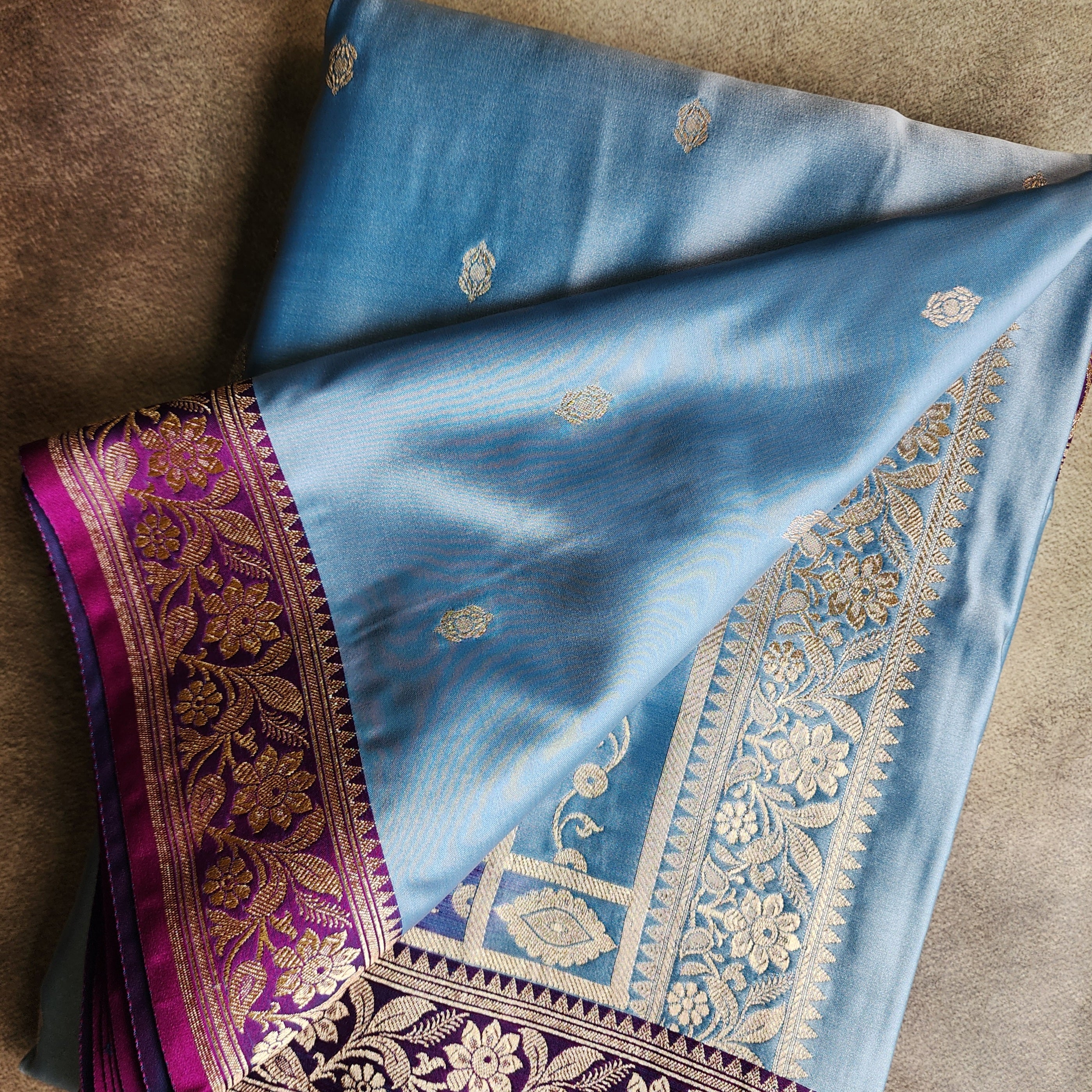 Teal Blue Katan Silk Saree with Purple and Gold Zari Border