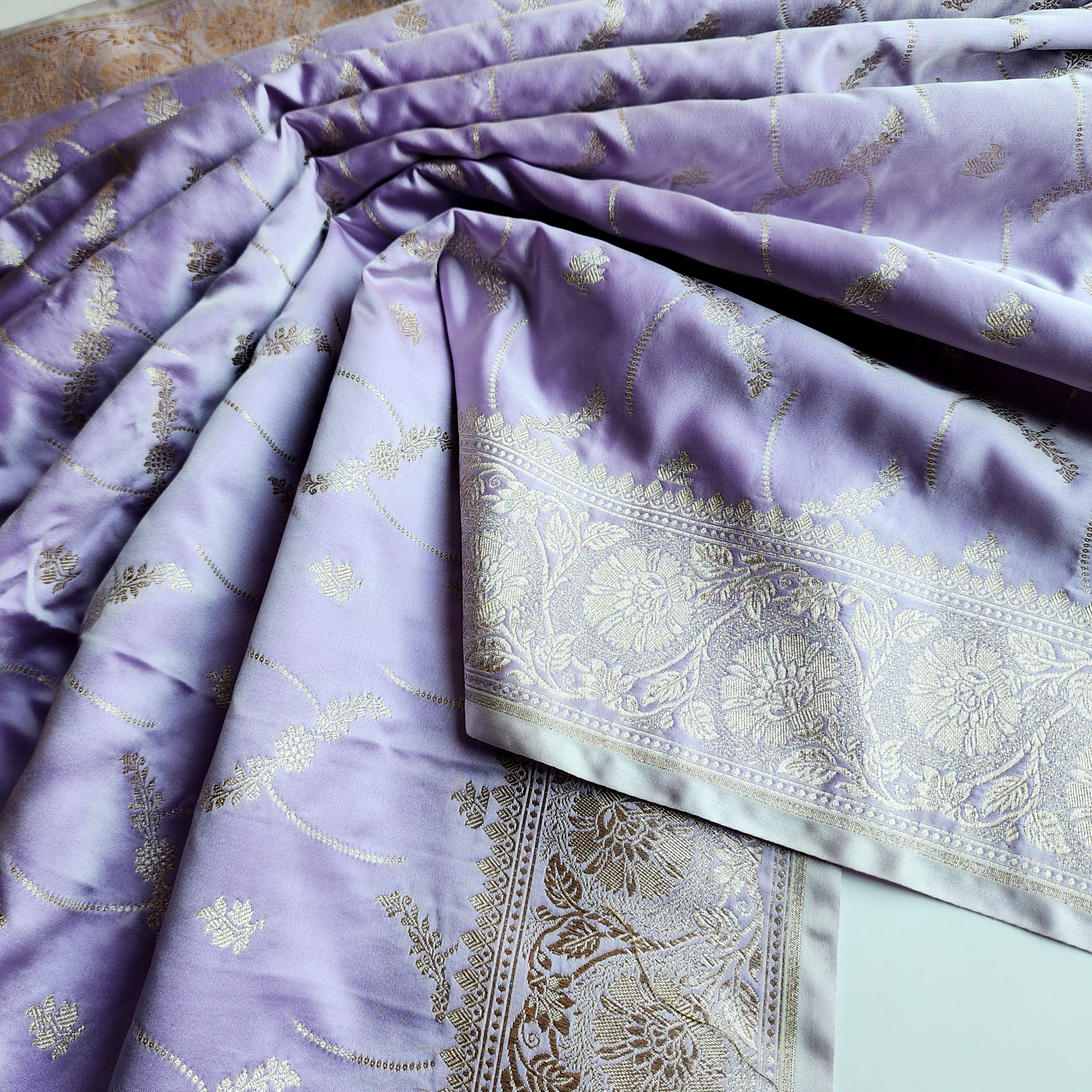 Pastel Lavender Grey Banarasi Katan Silk Saree with Light Gold Zari weaving