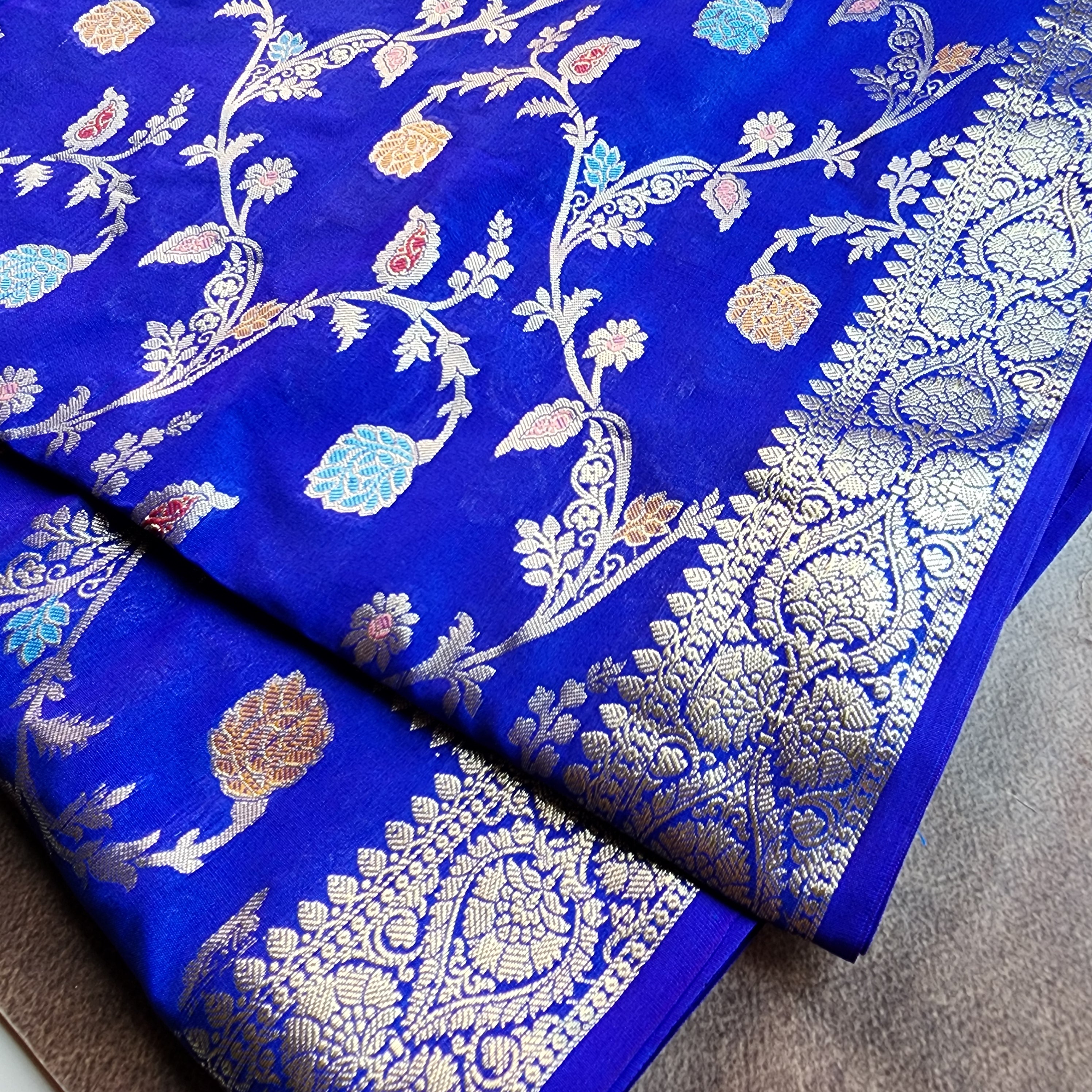 Royal Blue Banarasi Silk Dupatta with Gold Zari Border & Multicolor Meenakari Work