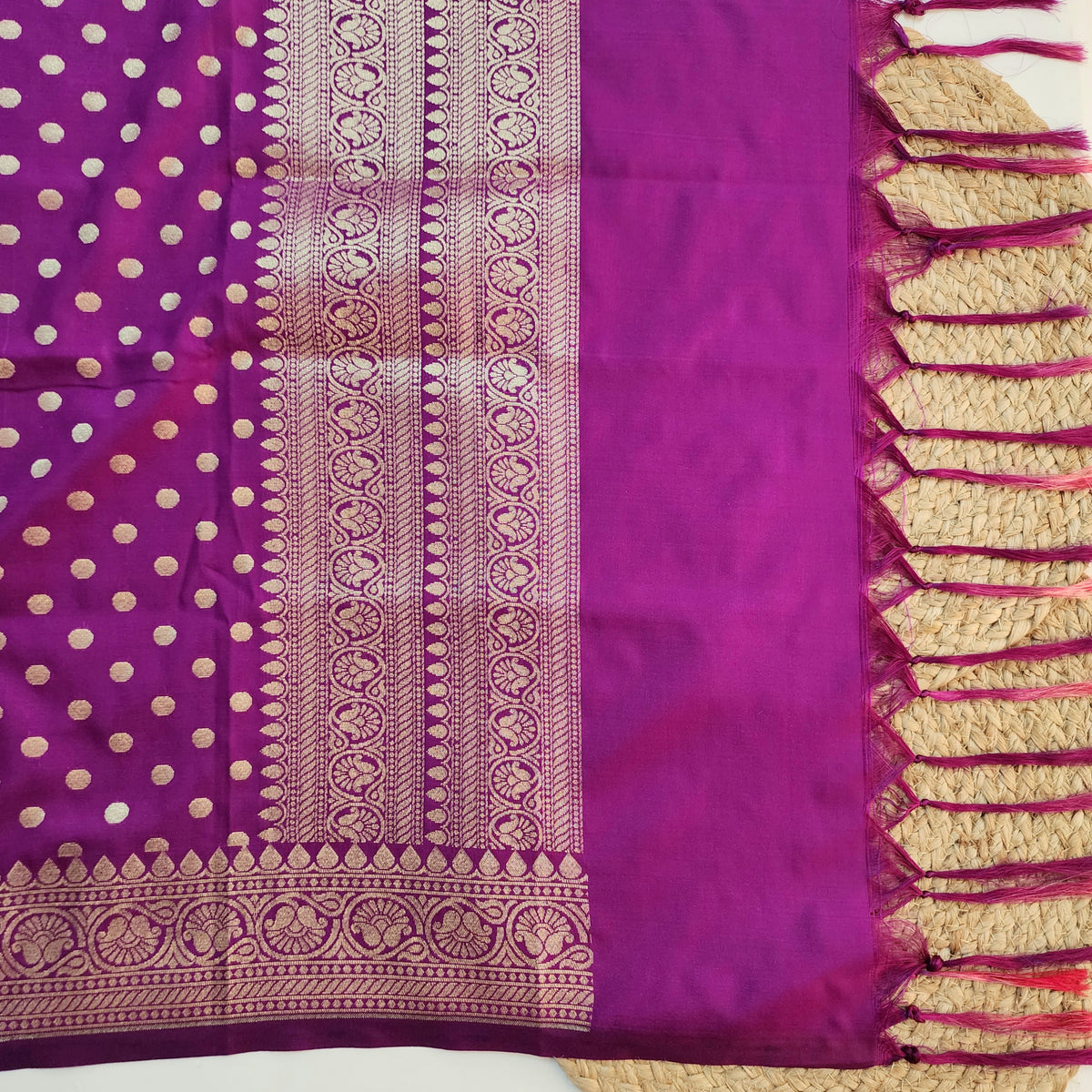 Magenta Purple Banarasi Silk Dupatta with Gold Polka Dot