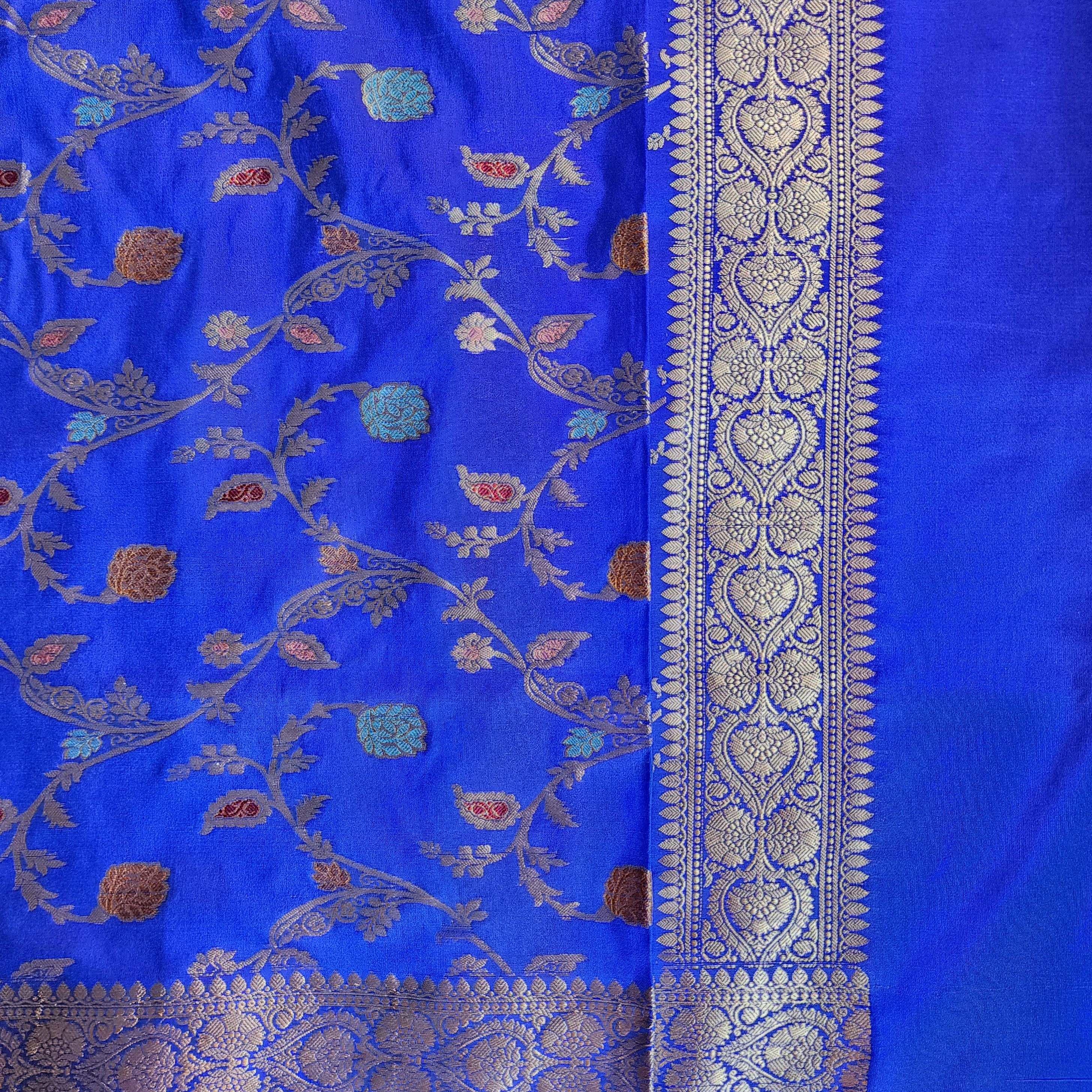 Royal Blue Banarasi Silk Dupatta with Gold Zari Border & Multicolor Meenakari Work
