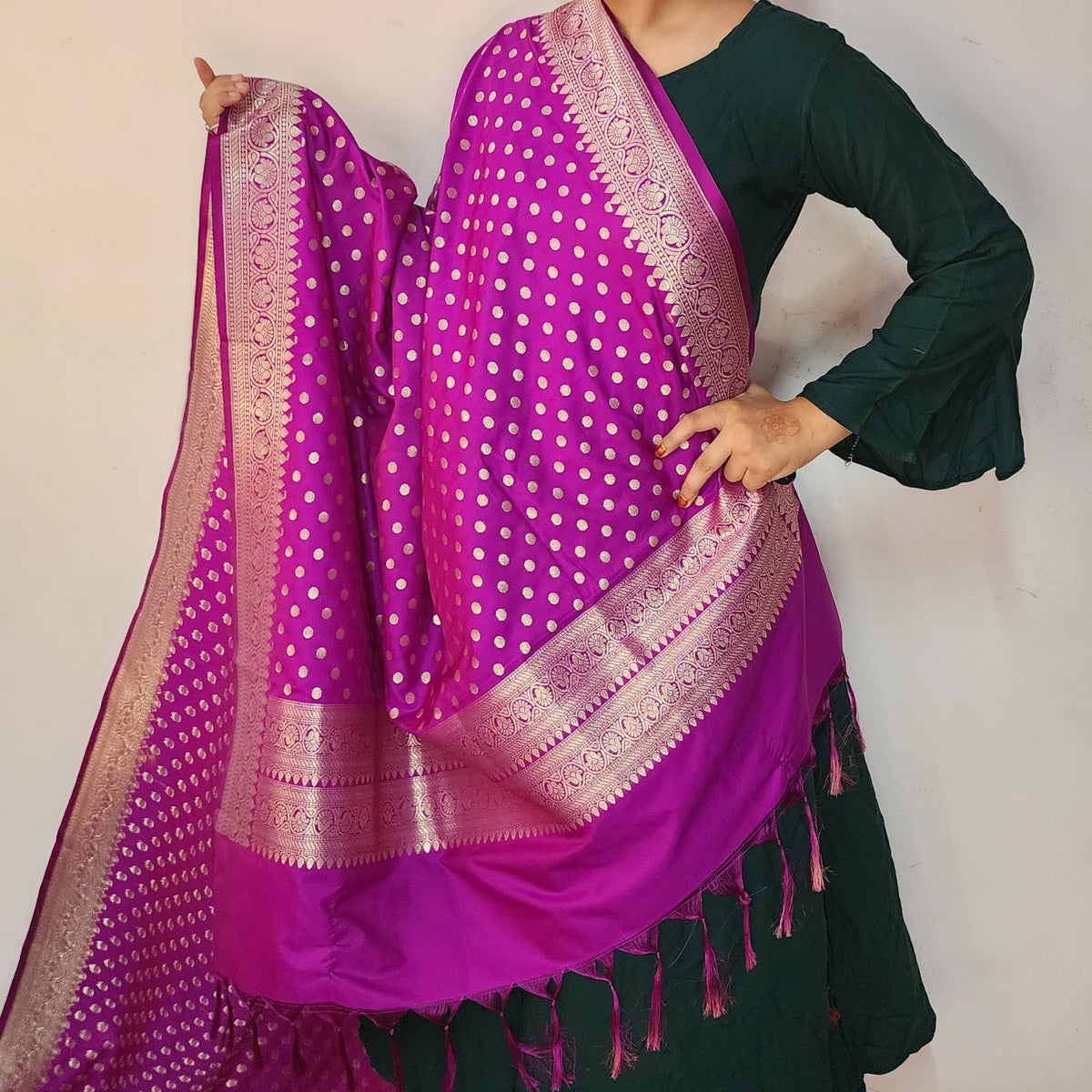 Magenta Purple Banarasi Silk Dupatta with Gold Polka Dot