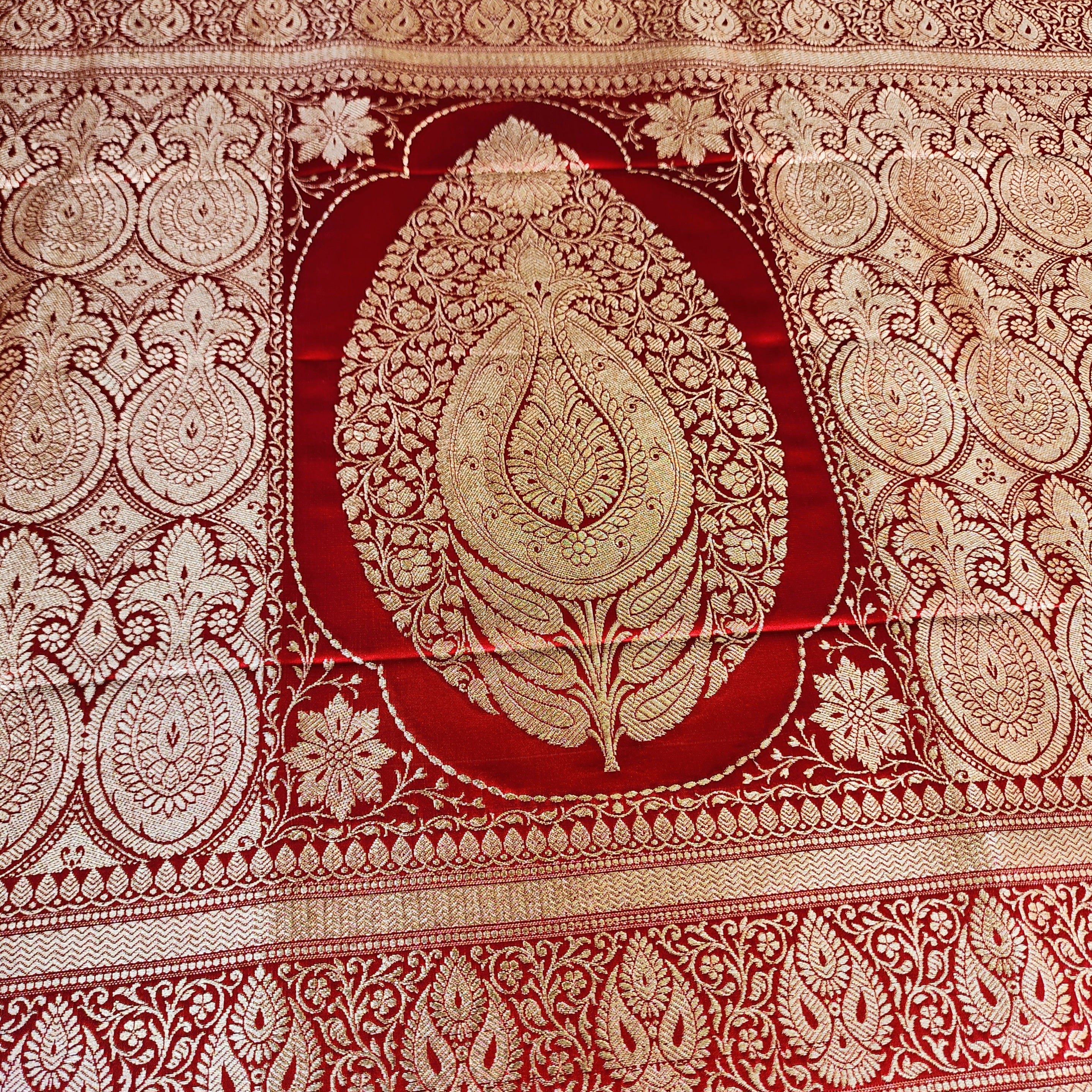 Rich Ruby Red Pure Banarasi Katan Silk Saree with light Gold Zari Weaving