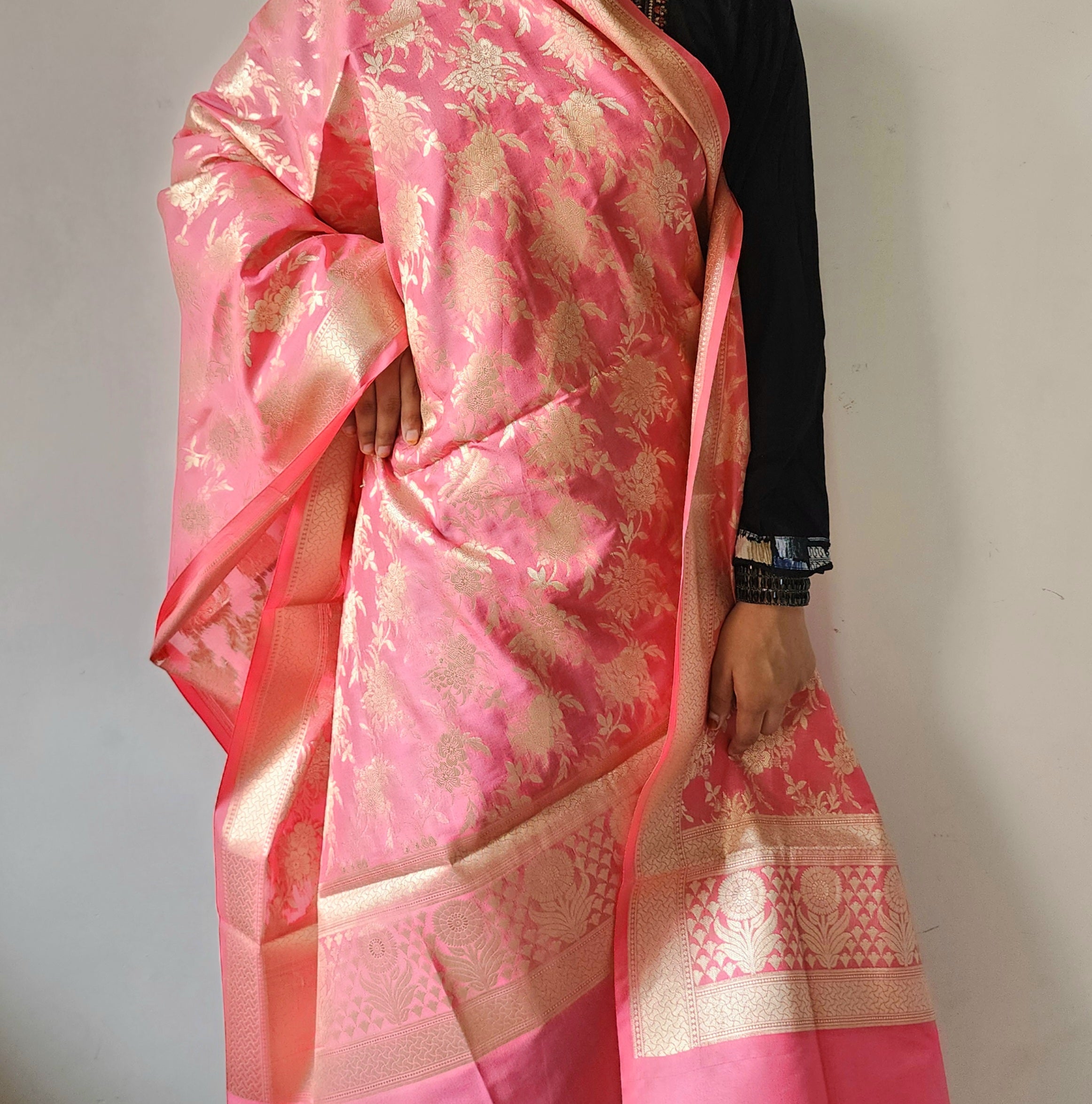 Cerise Pink Banarasi Dupatta - Floral Brocade Zari