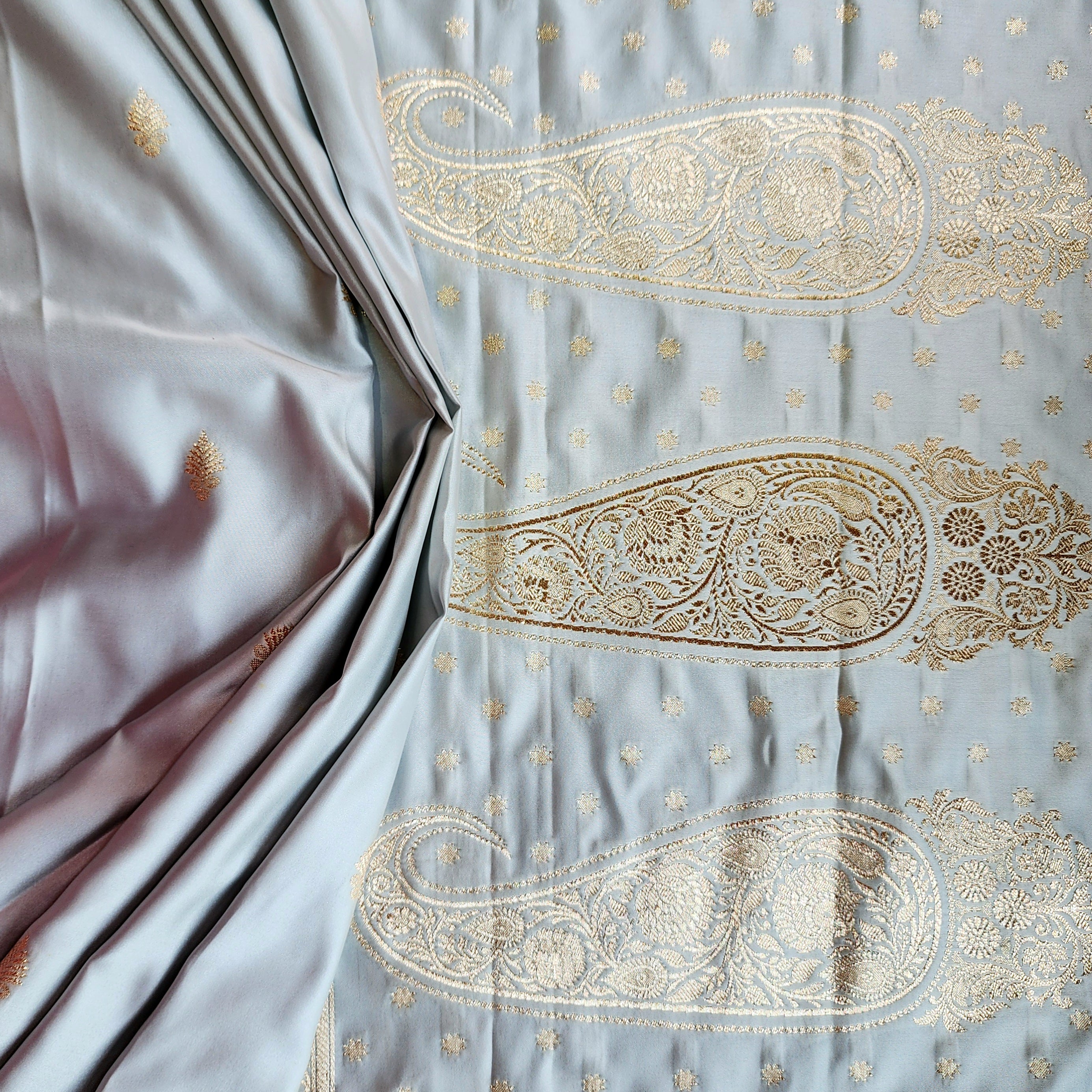 Ice Blue Katan Silk Saree with Peach Beige Gold Zari Border