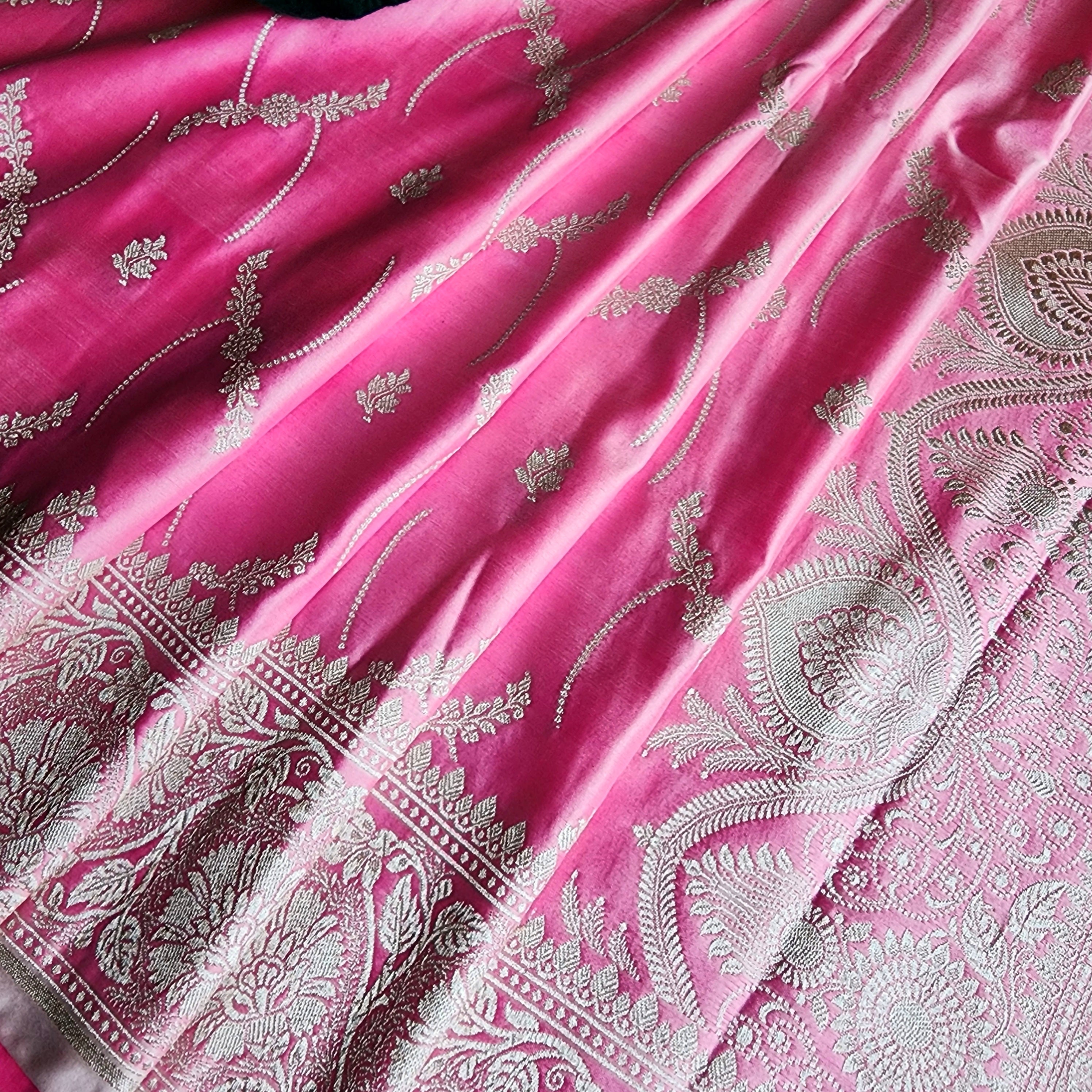 Pastel Candy Pink Banarasi Katan Silk Saree with Light Gold Zari weaving