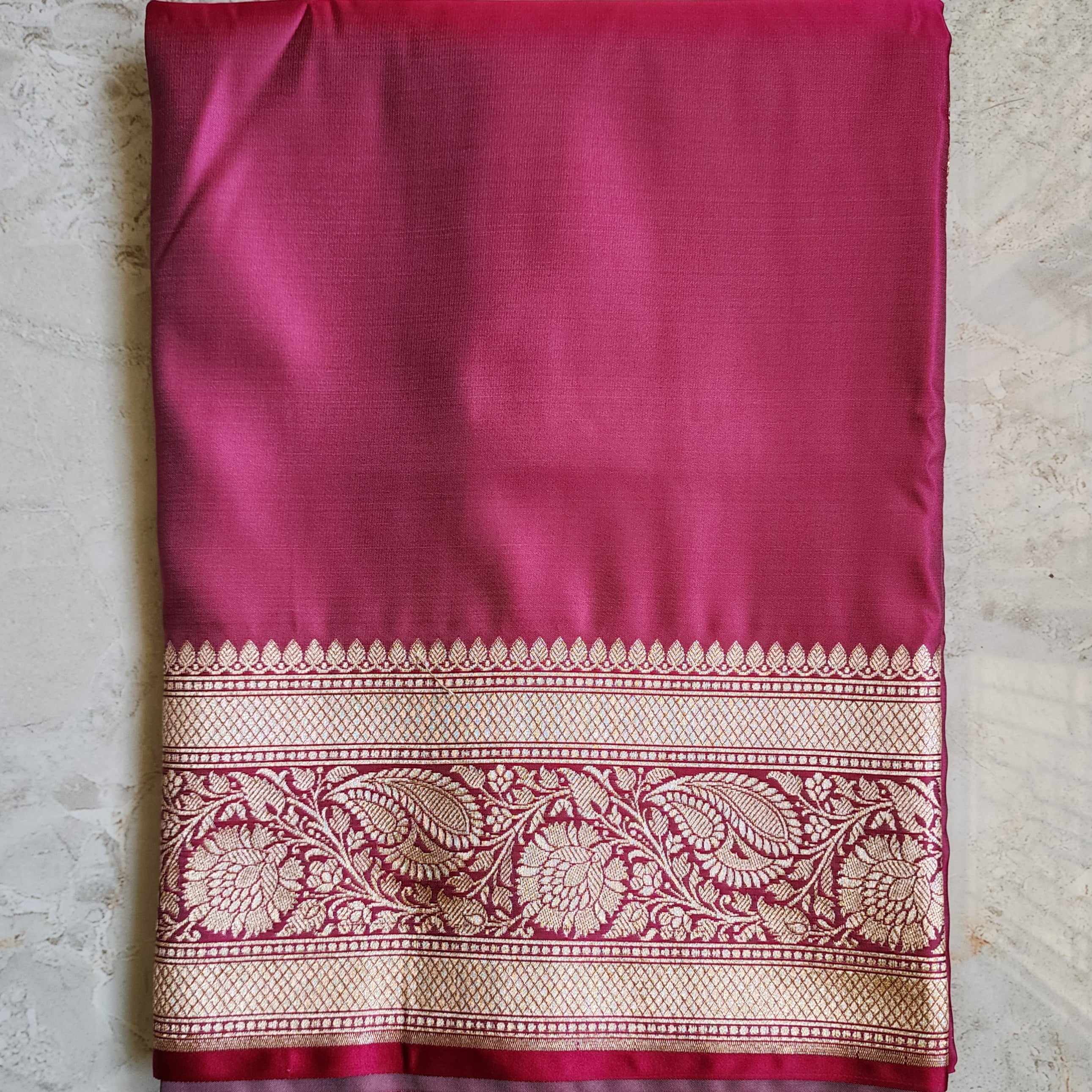 Hot Pink Pure Banarasi Katan Silk Saree with light Gold Zari Weaving