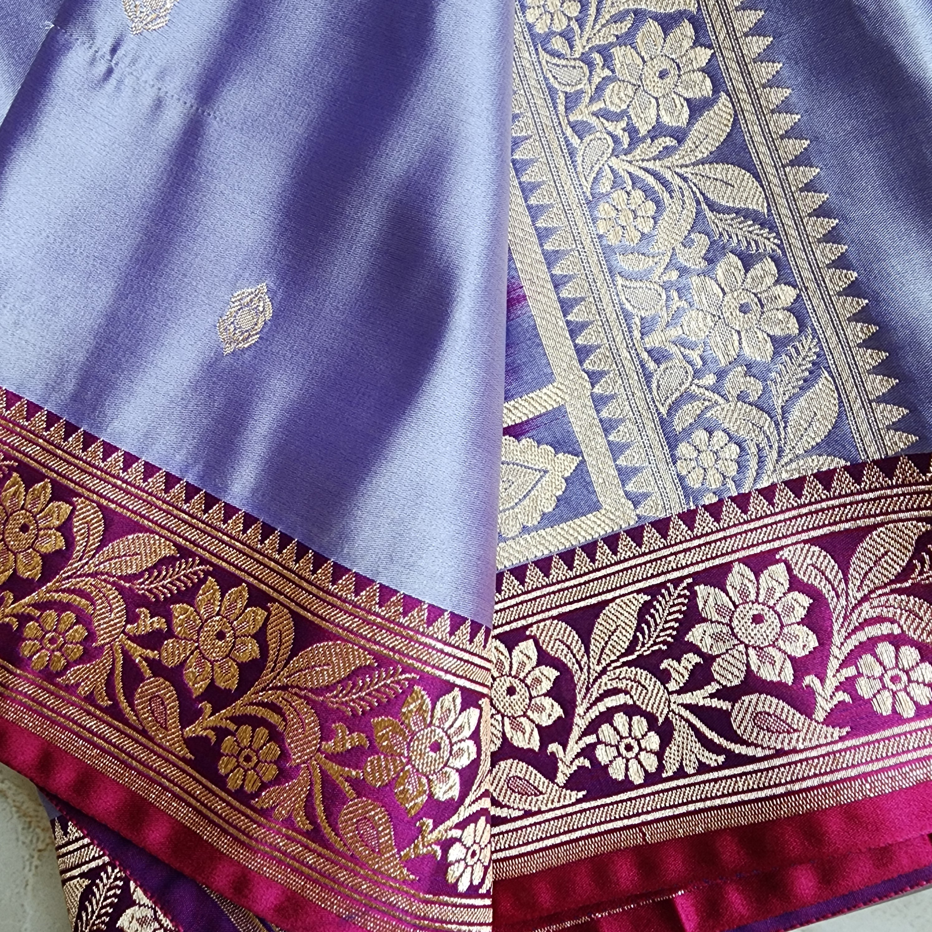 Periwinkle Katan Silk Saree with Magenta and Gold Zari Border