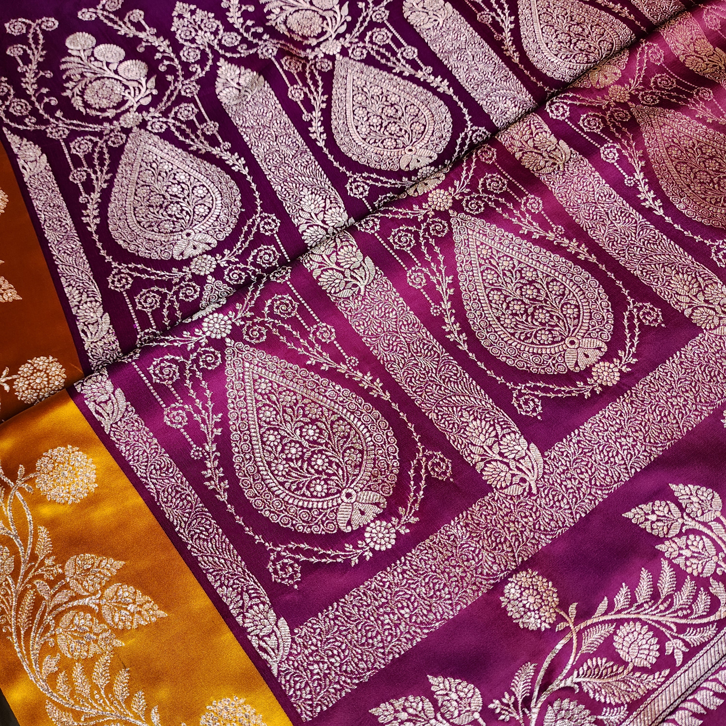 Wine Maroon Pure Banarasi Katan Silk Saree with Mustard Yellow Border