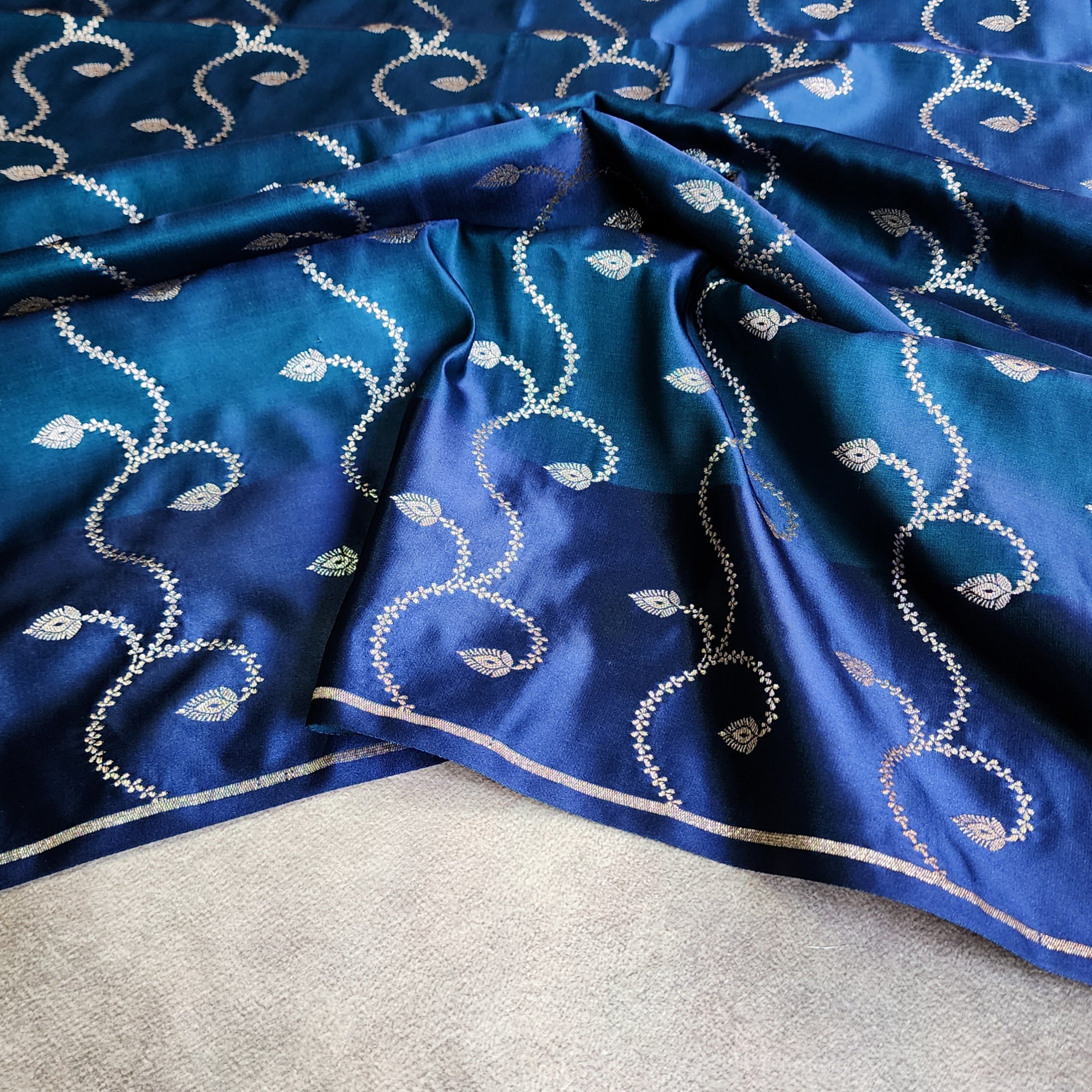 Dual-Tone Peacock Blue Pure Banarasi Katan Silk Saree