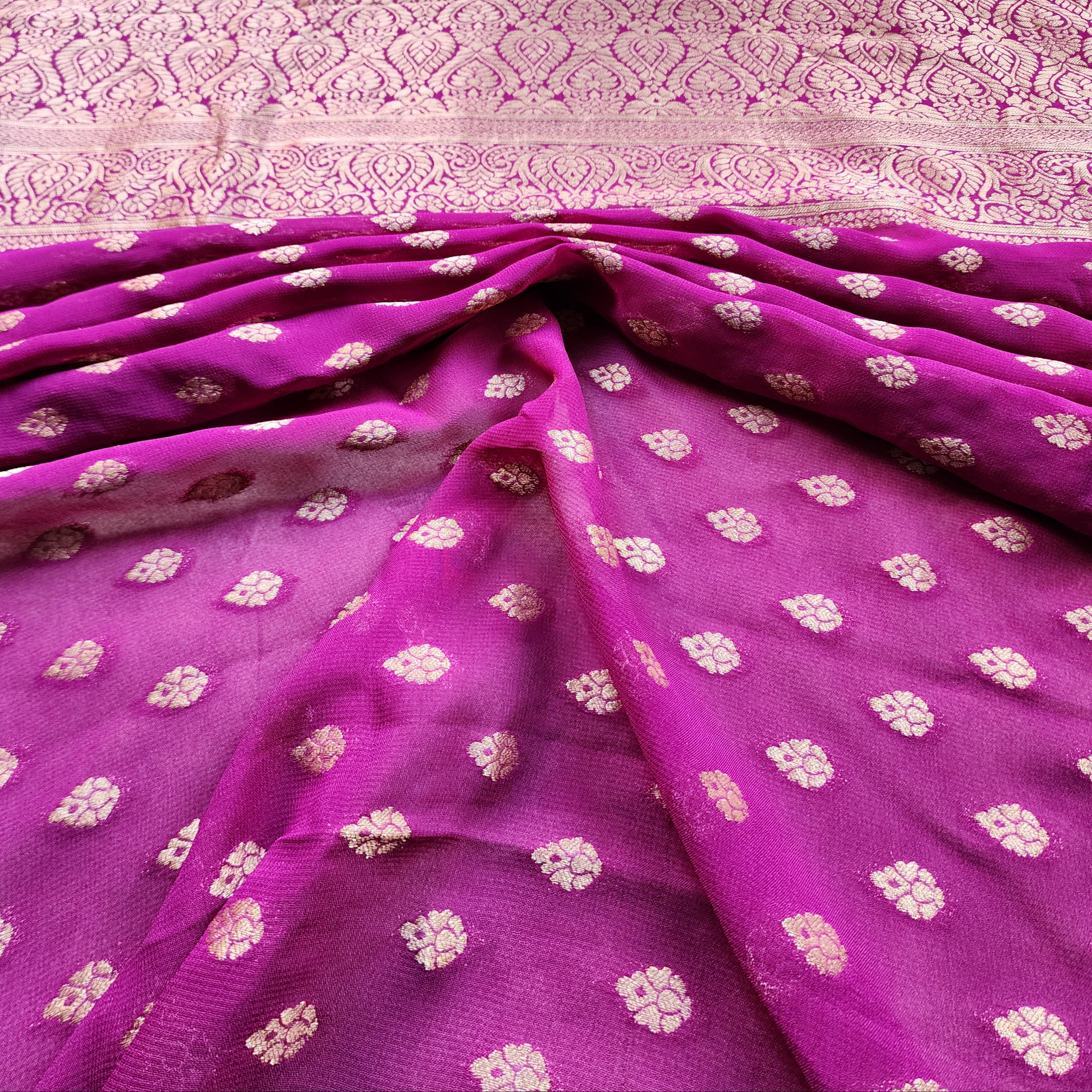 Aubergine Khaddi Georgette Pure Banarasi Saree with Golden Zari